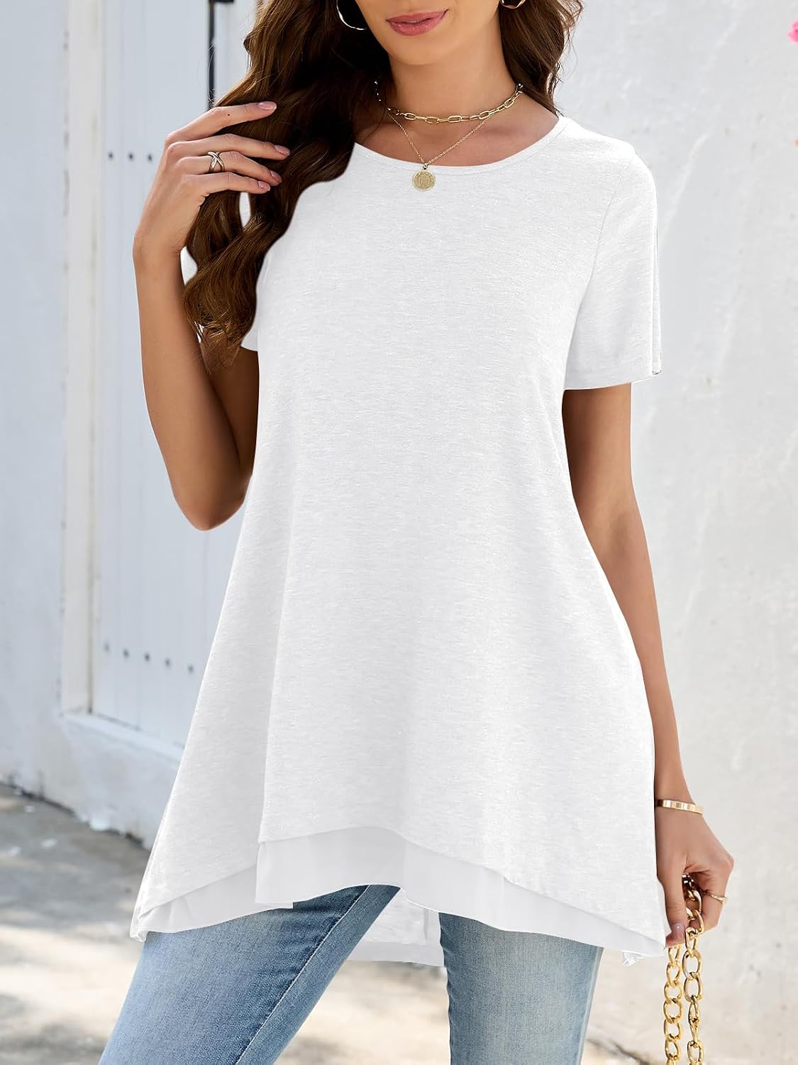 Poetsky Women's Short Sleeve Tunic Tops for Legging Layered Chiffon Hem Casual Loose Long Shirts with Pockets