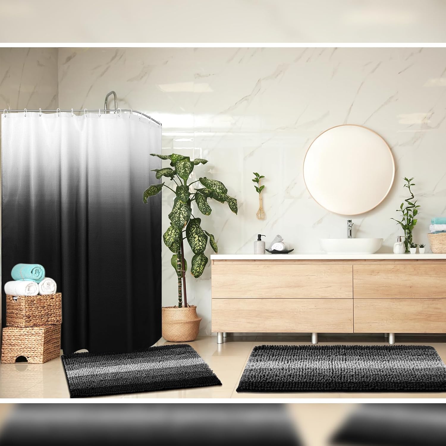 3 Pcs Black Shower Curtain and Rug Sets with 12 Hooks,Waterproof Ombre Bathroom Shower Curtains Set for Hotel Bathroom Decor