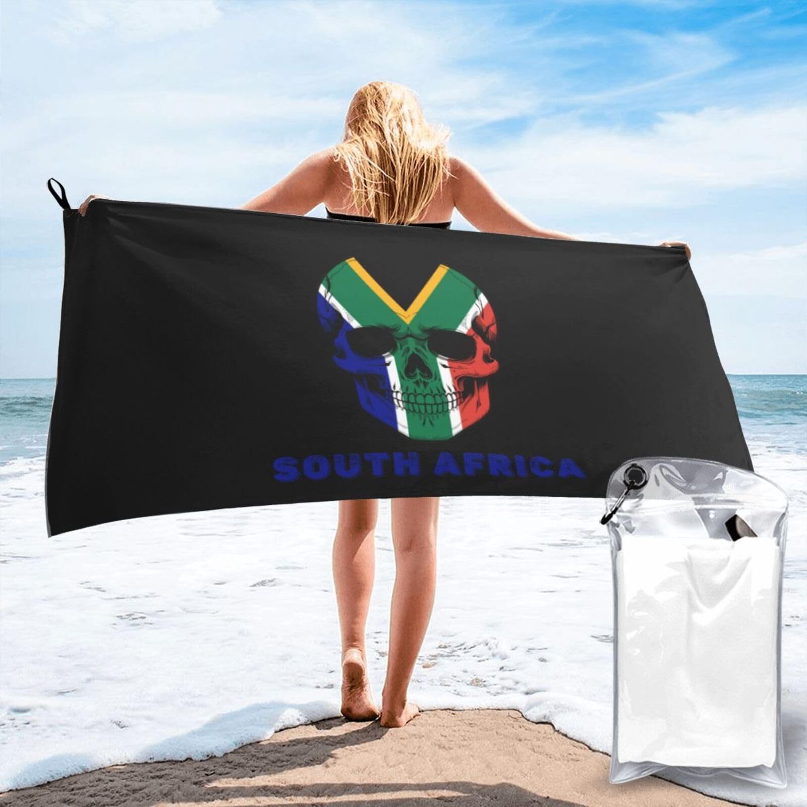 HACXZ Skull South Africa Flag Lightweight Absorbent Beach Towel Microfiber Beach Towel 27.5"X55"