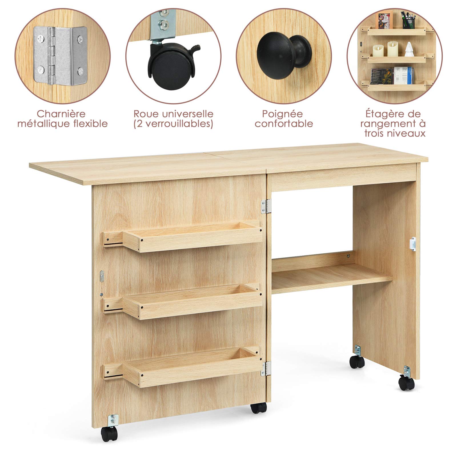 GOPLUS Meuble Couture Pliante,Table Couture avec 3 Étagères et 1 Plateau Machine à Coudre,2 en 1 Bureau Pliable avec 4 Roues, Bois Armoire Peu Encombrante pour Retoucherie,Salon,117x40x74CM,Brun Clair