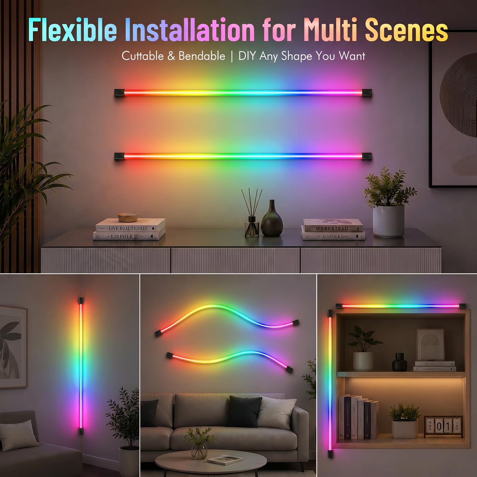 Illuminazione per Pannelli Acustici, Dimmerabile Sezionabile LED Integrati 6 LED Strisce RGB Dream Color 100cm Sincronizzazione Musicale Telecomando Regolazione Colore e Luminosità Controllo App