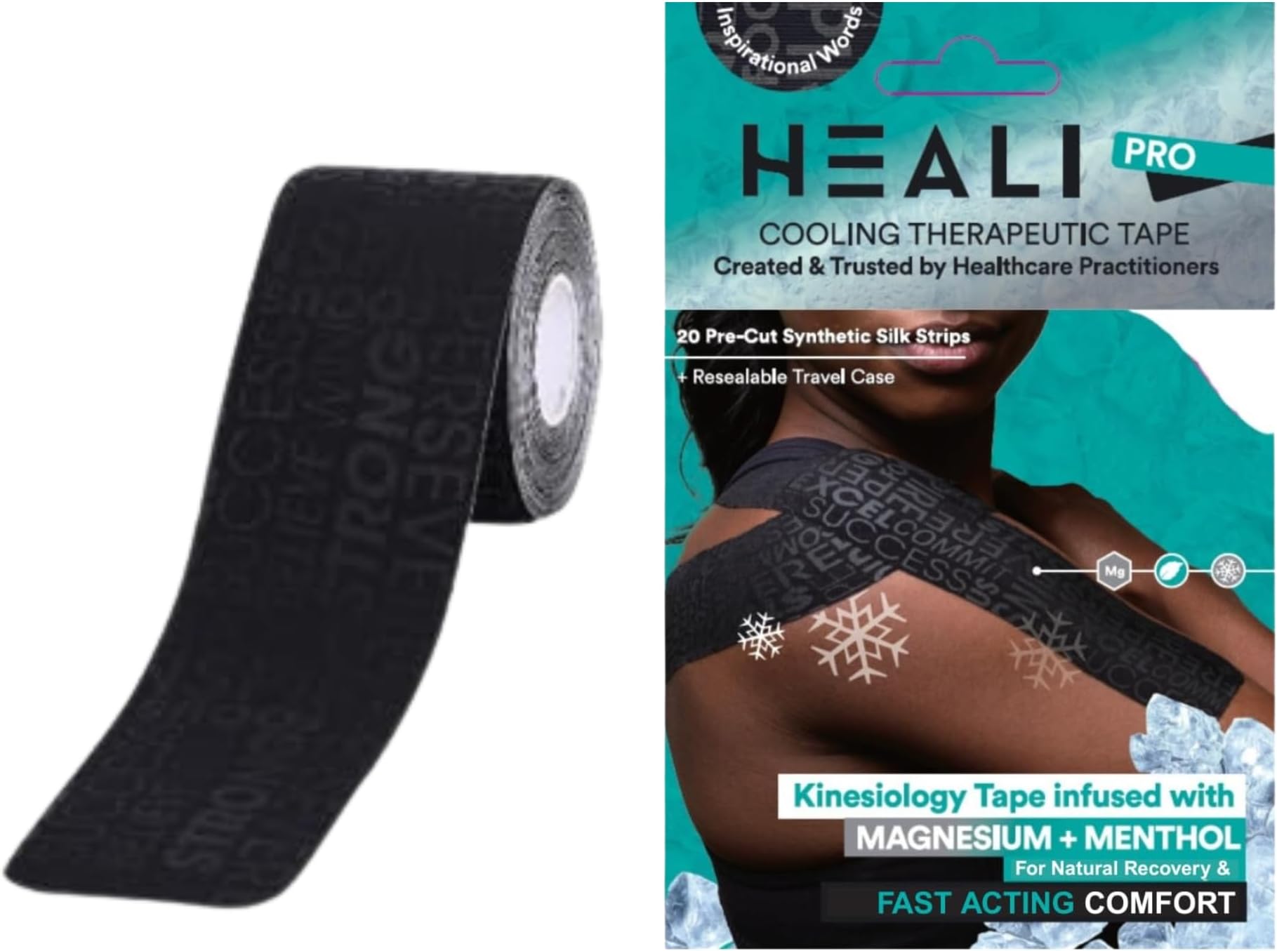 - Heali Kinesiology Tape with Magnesium and Menthol, 20 Pcs Precut Strips, K Tape Roll, Knees, Physical Therapy Sports Tape for Muscle and Joint Relief, Water Resistant, Black Inspiration