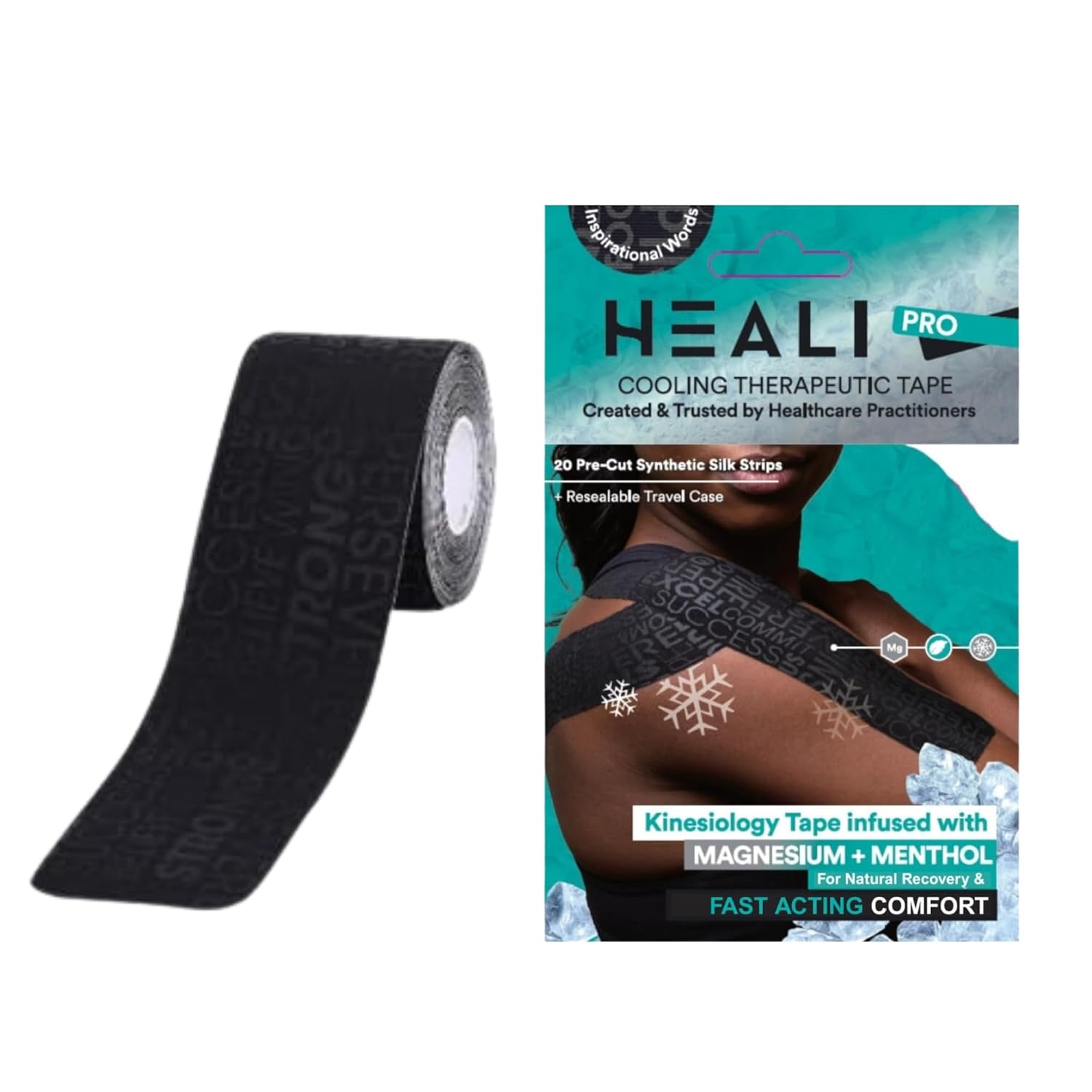 Heali Kinesiology Tape with Magnesium and Menthol, 20 Pcs Precut Strips, K Tape Roll, Knees, Physical Therapy Sports Tape for Muscle and Joint Relief, Water Resistant, Black Inspiration