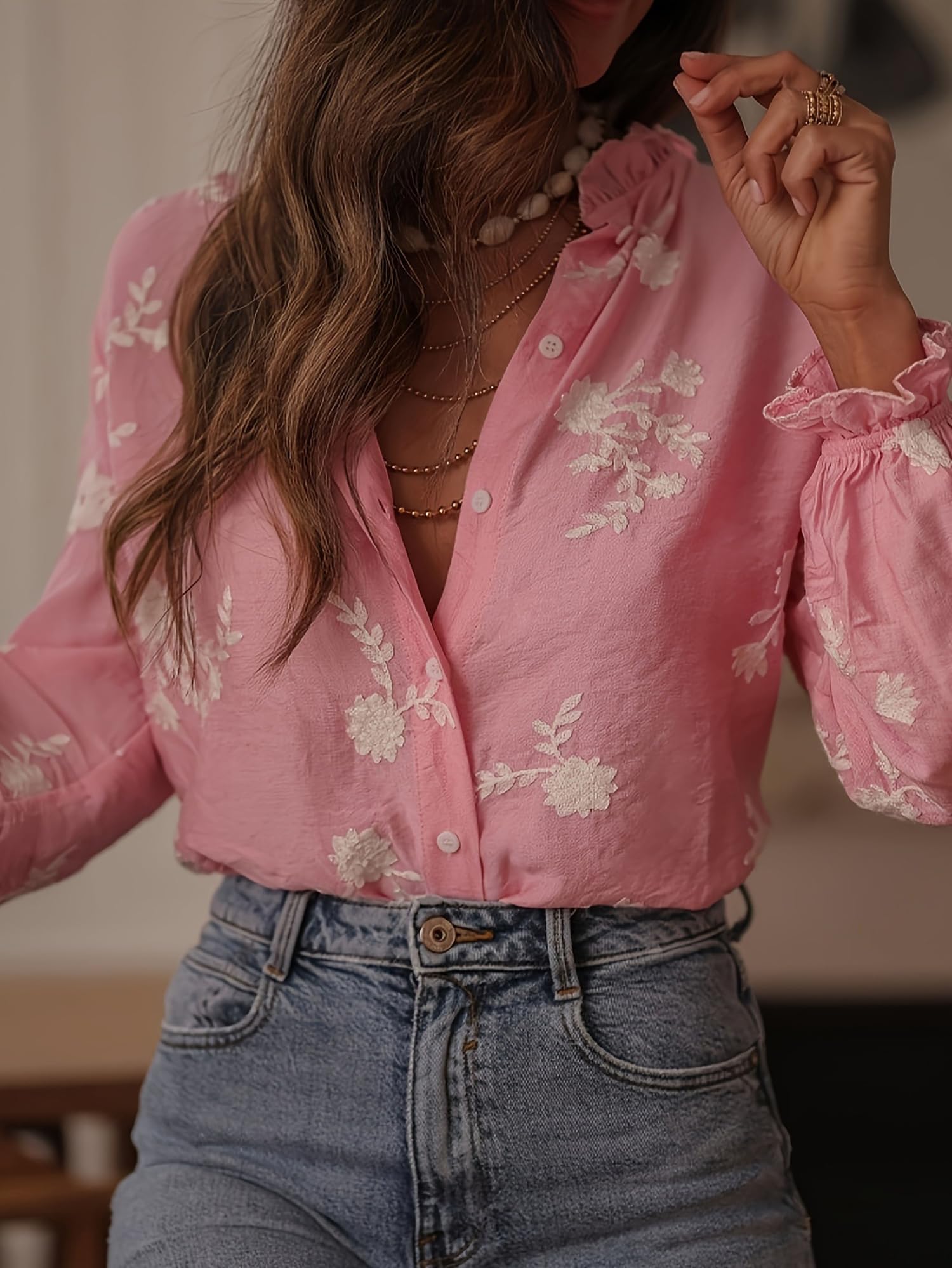 Chemises pour Femmes À Boutons Manches Longues Blouse en Chiffon Brodée De Fleurs Hauts