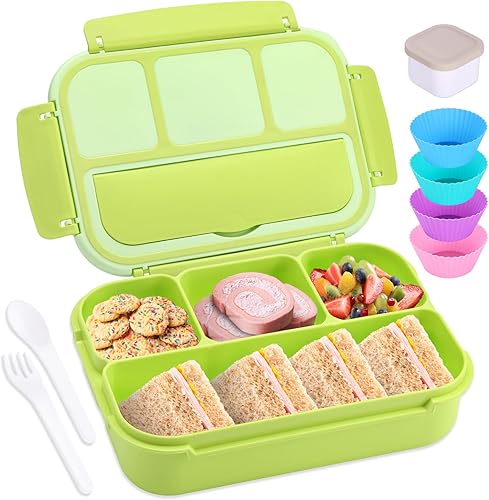 Vista 28 de Lonchera Bento para adultos, recipientes para niños y niñas con 4 compartimentos, contenedor de alimentos con utensilios, tarro de salsa, forros