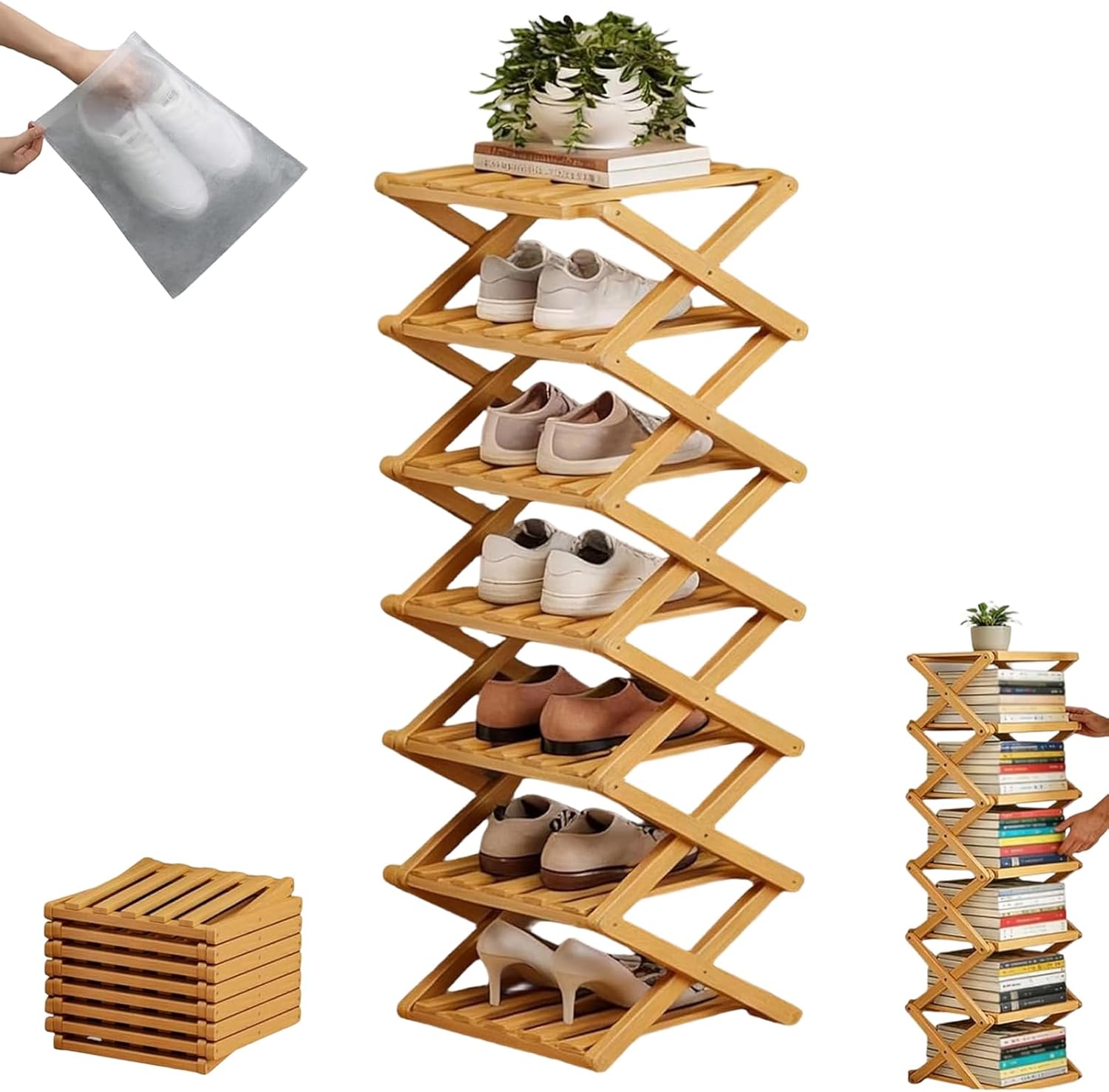 9 Tier Bamboo Shoe Rack, 3-10 Tiers, Foldable Shoe Shelf, Natural or Tea Color, Rock-Solid Stability, Vertical Slim Shoe Storage for Entryway Closet Dorm (Natural, 8Tiers)