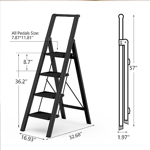 Miniatura 7 de Escalera de 3 escalones plegable portátil con pedal antideslizante, marco de aluminio ligero para mujeres, multiusos para el hogar y la cocina,