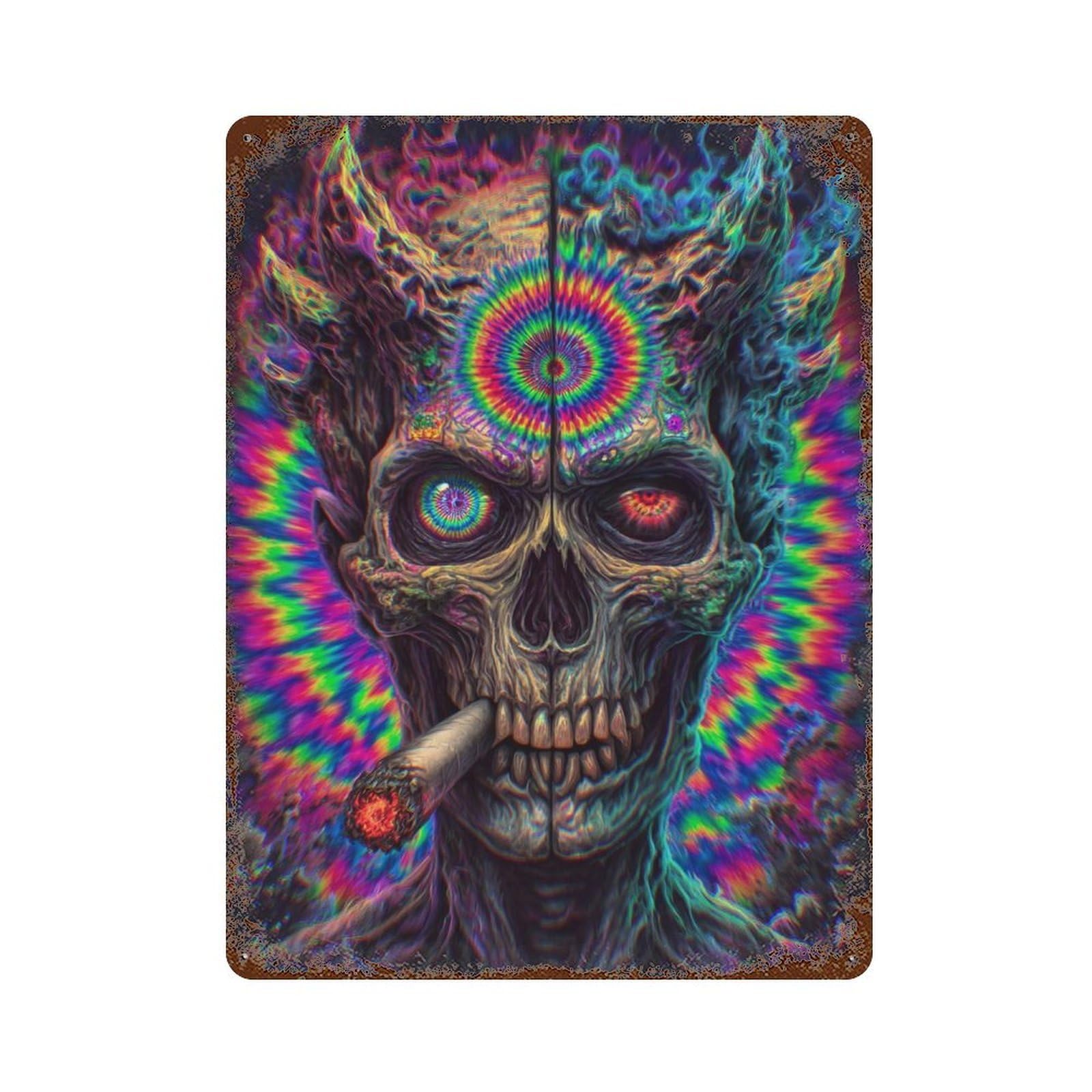 Psychedelic Skull Art Print-3 15.7"x11.8" Vintage Rust Metal Sign, Shabby Chic Decor for Cafe, Home Bar And Lounge Decor