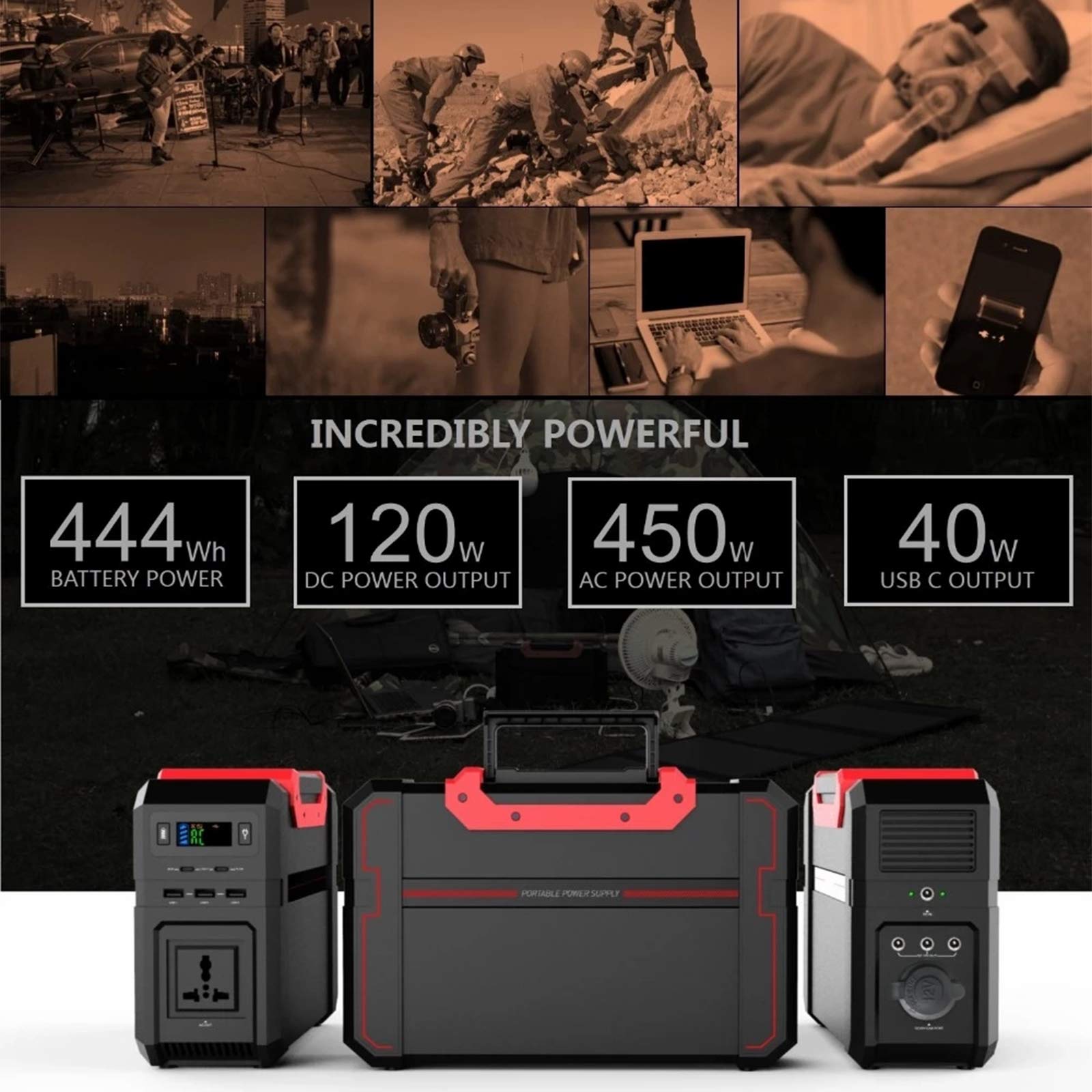 444Wh Generador Solar Portátil 450W Portátil Fuente Alimentación Batería Litio con Salida AC Onda Sinusoidal Pura Puertos USB DC para Exteriores Camping Hogar Emergencia