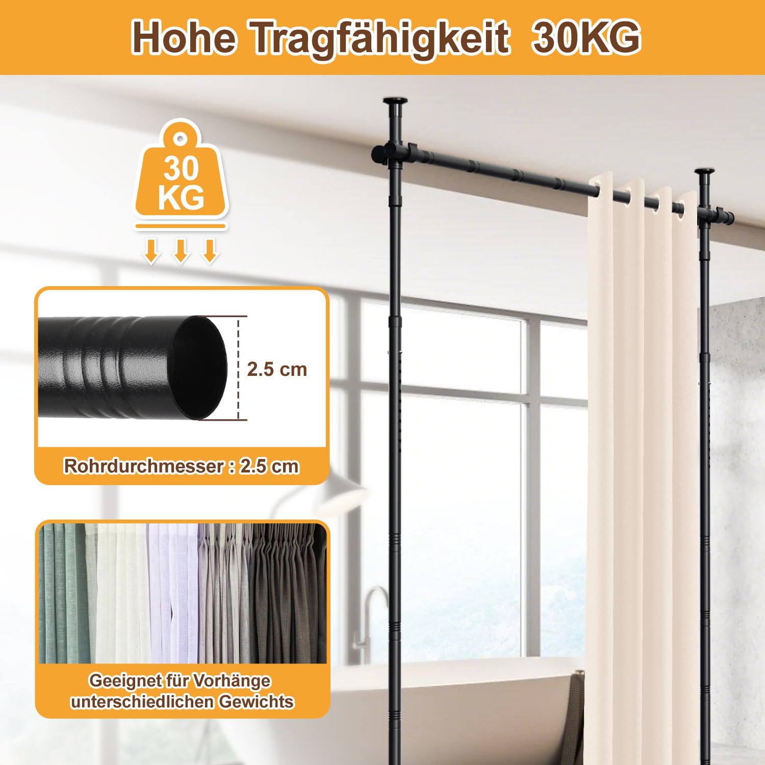 Separador de habitaciones sin taladrar, ancho 70-355 cm x alto 122-305 cm, sin cortina | Marco de biombo negro sin taladrar, independiente y ajustable para salón, dormitorio y oficina, sin cortina