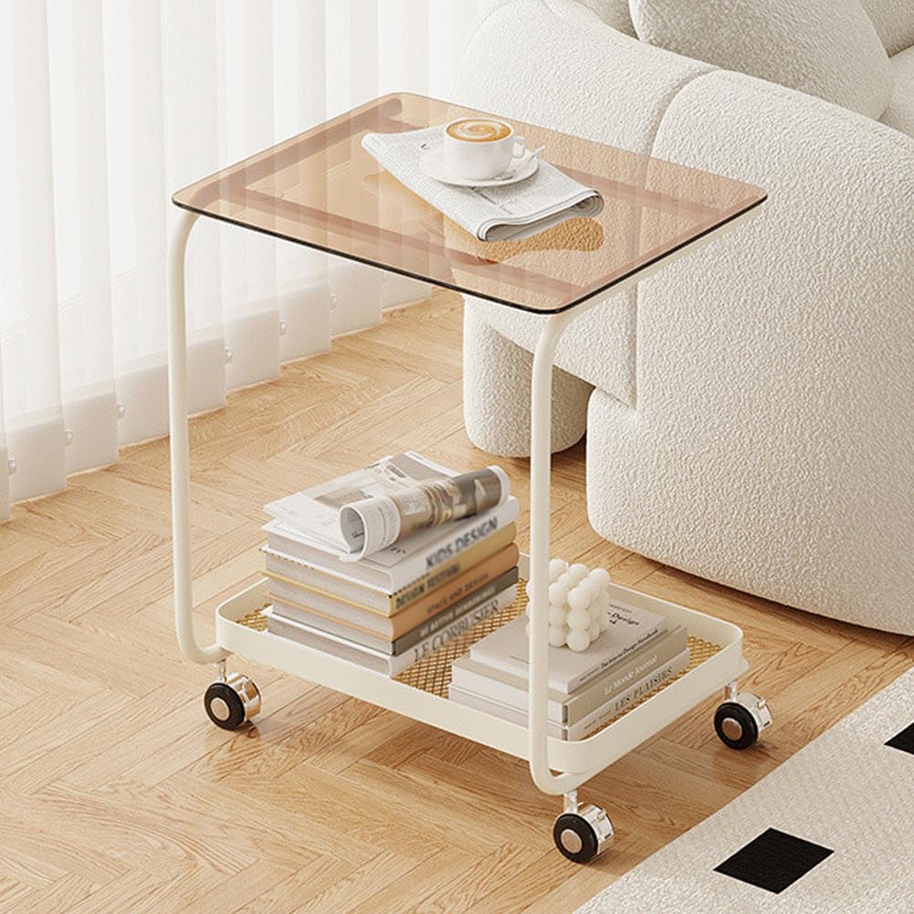 SXZenSpace Tempered Glass Snack Side Tables with Steel Frame, Portable Indoor Outdoor Couch C Table End Table,2 Tier Small Shelf for Living Room, Bedroom,white,brown