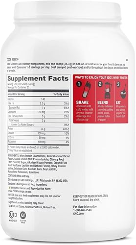 Vista 37 de GNC Pro Performance 100% proteína de suero en polvo 2.0, absorción rápida para fuerza muscular y recuperación, sin sabor, 25 porciones