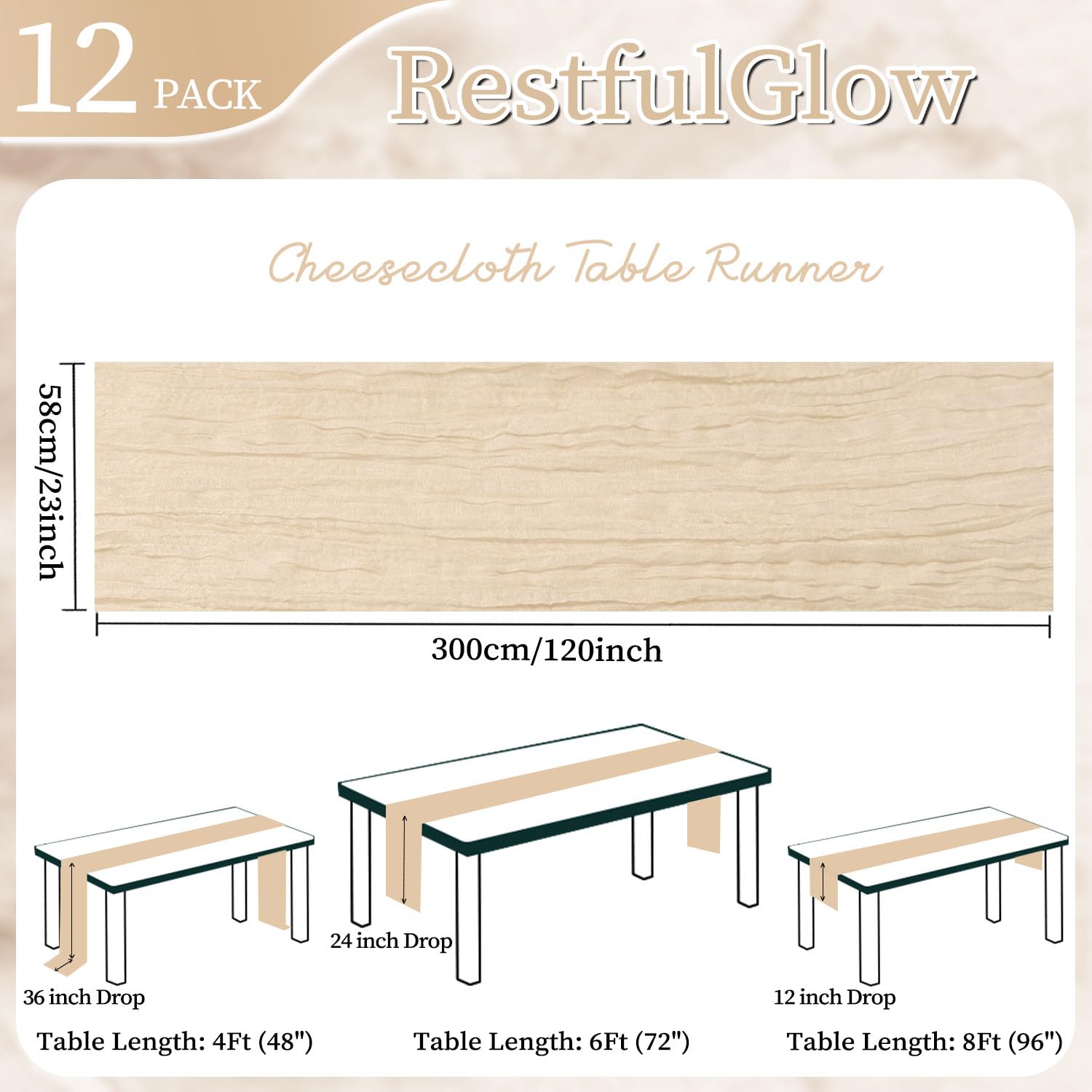 Confezione da 12 runner da tavola beige in garza, 3 m, in tessuto di garza, rustico, per autunno, Ringraziamento, matrimoni, compleanni, feste di nascita, decorazioni per la casa