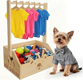 IDUNSEED 20" x 13.5" x 9" Wooden Dog Closet for Small Dogs - 2-in-1 Clothes Hanger & Storage Basket, with Cute Pet-Face Design, Practical Organizer for Pet Supplies, Home Decor & Dog Gear Tidying