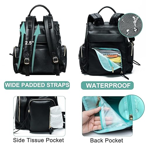 Miniatura 4 de Mochila para pañales Mominside, mochila de cuero para mujer, bolsa de bebé de viaje con 15 bolsillos para registro de bebés, cambiador, gran