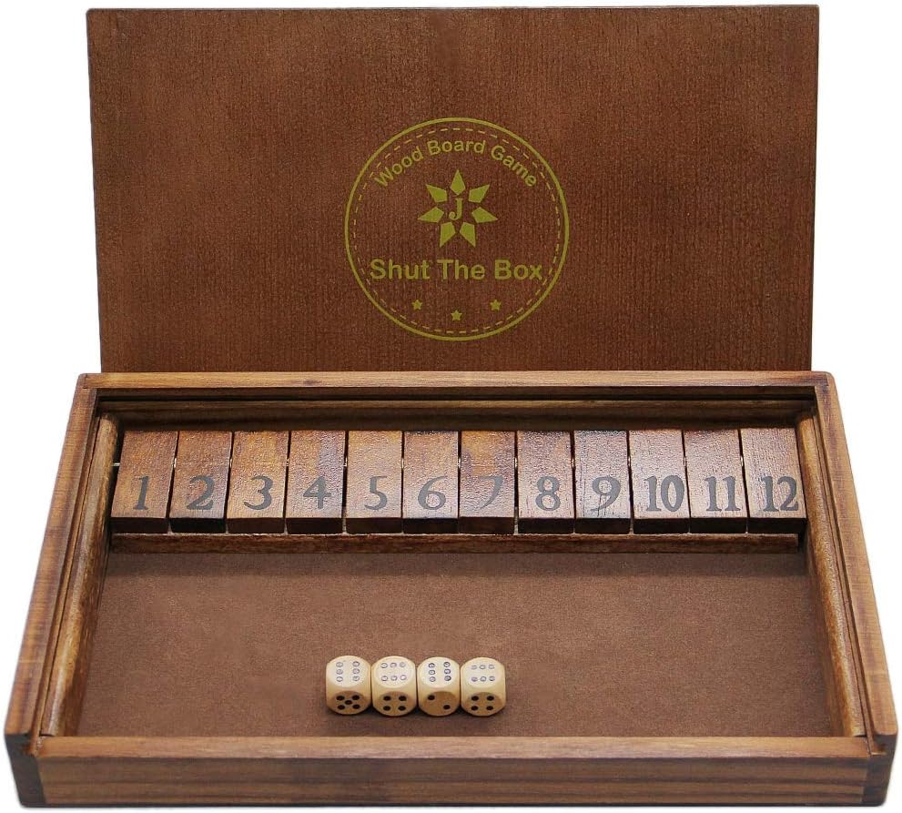 Juegoal Shut The Box Wooden Board Dice Game with 12 Numbers and Lids for Kids, Adults, Families, 2+ Players