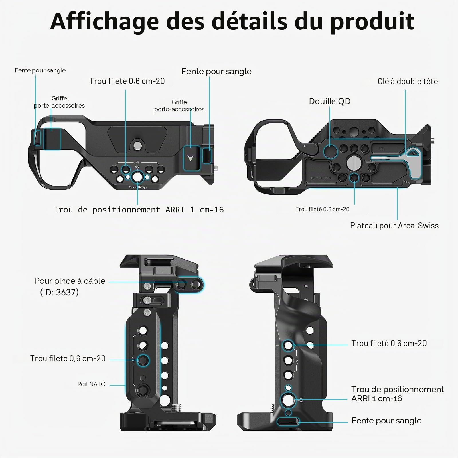 (Nouvelle Version) SMALLRIG Cage pour Sony A7 III / A7R III, Cage en Alliage d'Aluminium avec Plaque de Dégagement Rapide pour Arca, Cold Shoe Intégrée, Rail NATO et Trous Filetés - 2087D