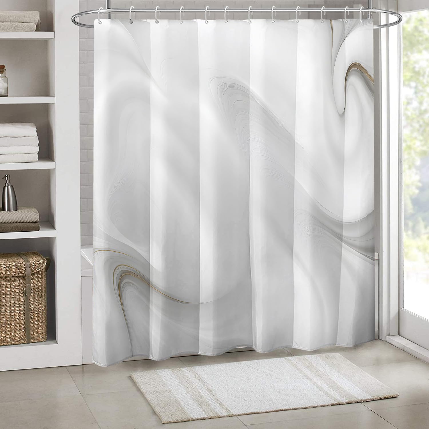 Cortina de ducha impermeable de mármol blanco y gris, tela de poliéster a prueba de moho, decoración de baño elegante para todas las estaciones, 150 x 240 cm (ancho x alto)