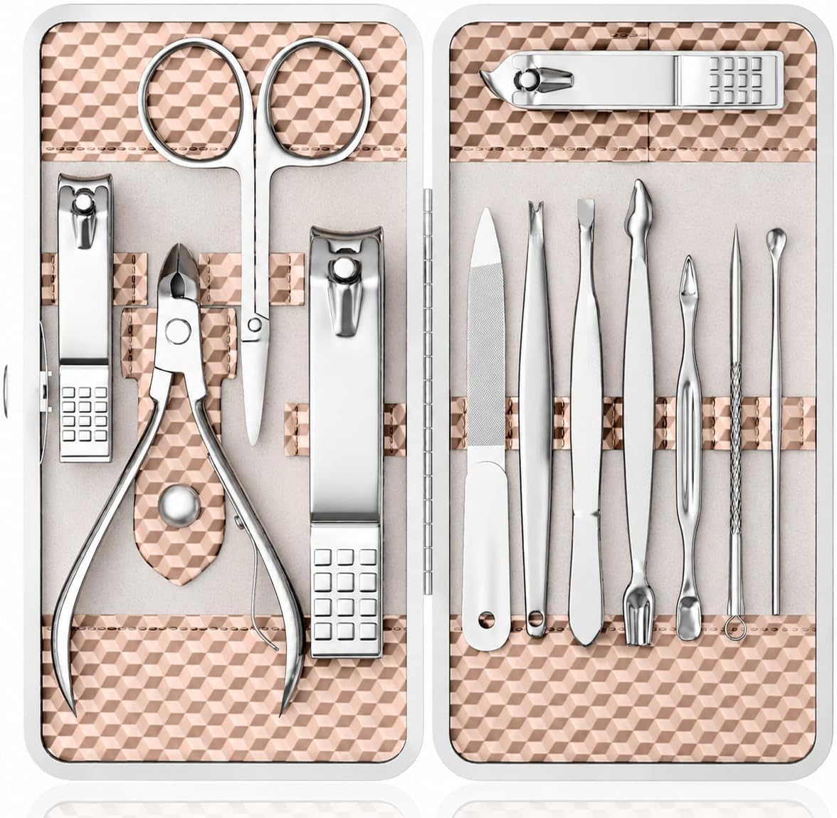 Manicure Set, Stainless Steel Nail Clipper Set with Luxurious Travel Case | 12-Piece Set with Thicker Steel, Precision-ground Cutting Edges, and Smooth-finished Tools for Clean, Precise Trimming.