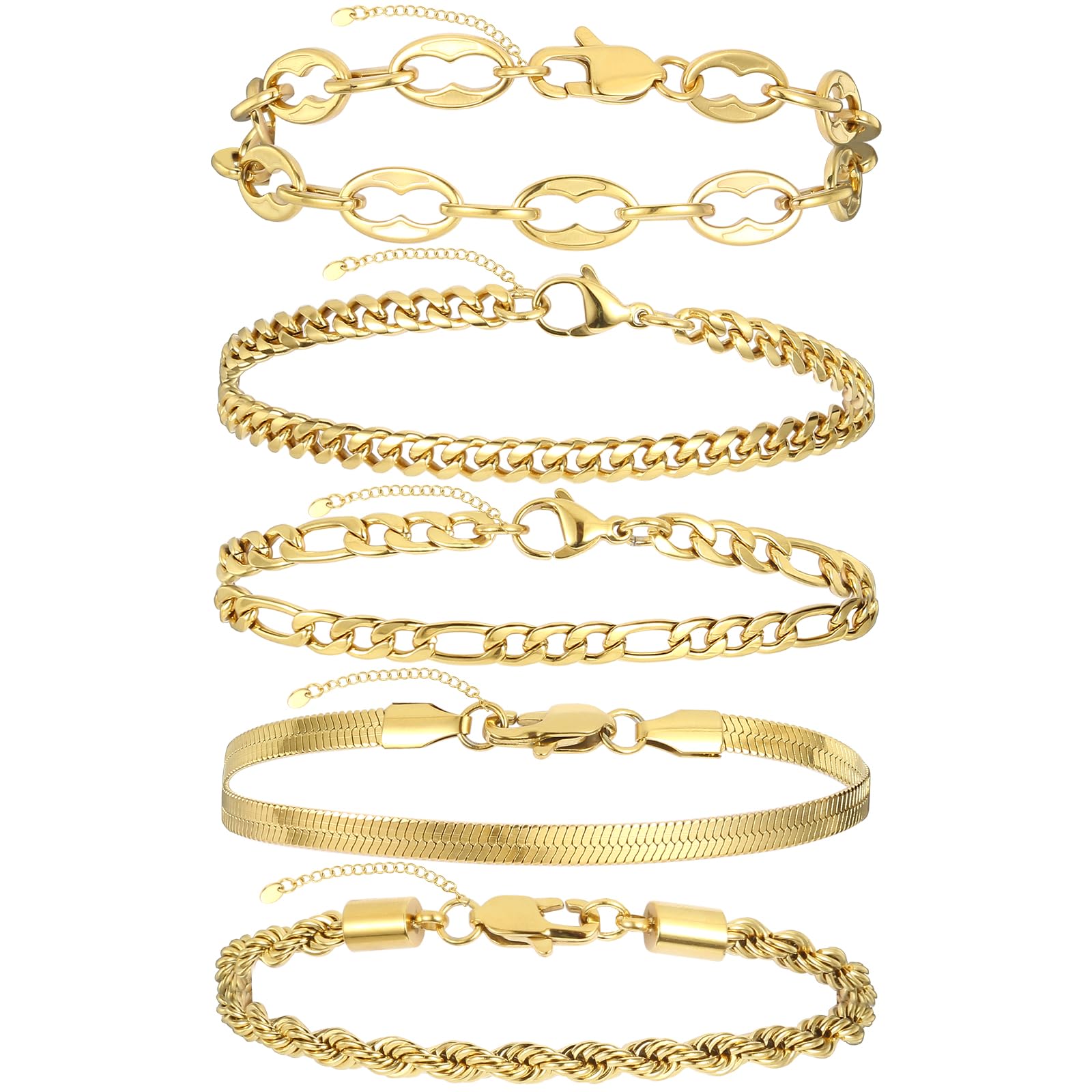 CaptainSteeL Gold Chain Bracelets Set - 4/5 Pcs Adjustable Women's 14K Gold Plated Link Chain Bracelets for Gifts