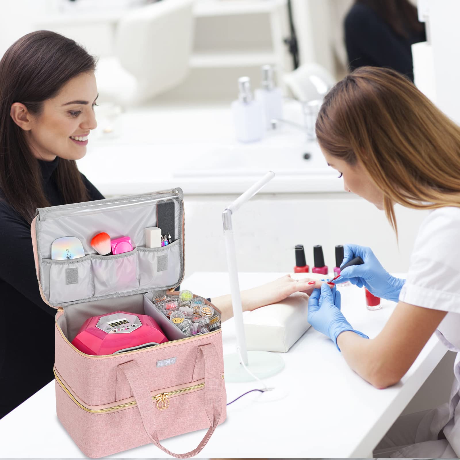 Nagellack Aufbewahrung Tasche,Doppelschichtige Nagellack Organizer für 40 Flaschen(15ml-0.5 FL.oz) und eins LED-Nagellampe,Tragbare Nagellack Tragetasche für Nageldesign zubehör
