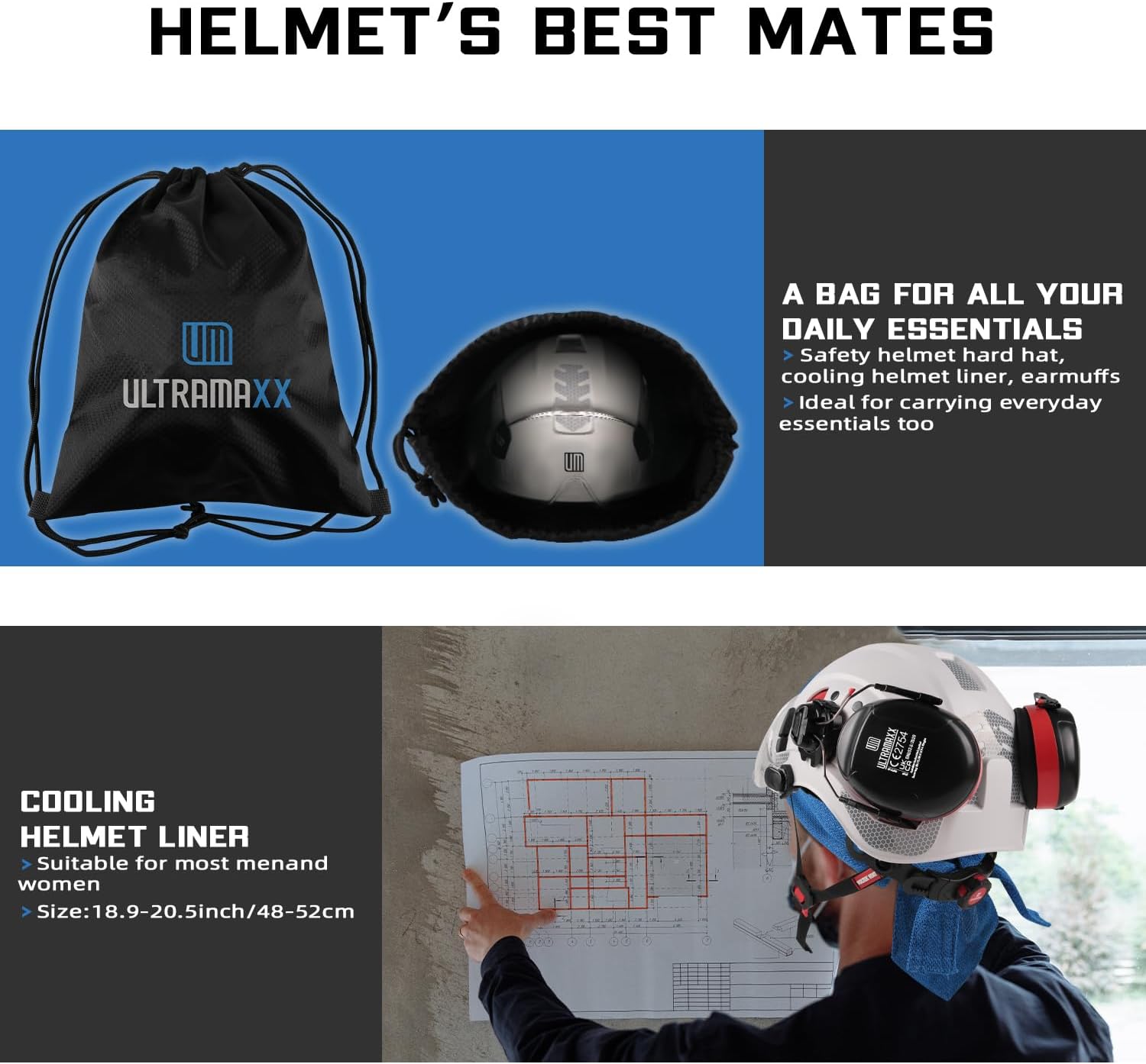 UM ULTRAMAXX Safety Helmet Hard Hat and Ear Protection, ANSI Z89.1 Approved Lightweight Vented Work Helmet Kits, 6-Point Suspension Hardhat Ideal for Industrial and Construction