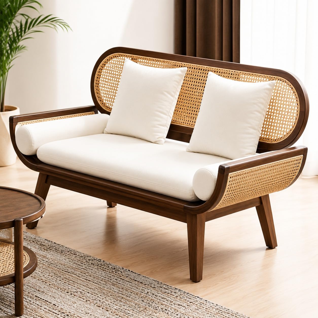 Modern Solid Wood & Natural Cane Sofa | Mid Century Living Room Furniture | Premium Rattan Frame with Soft Cushions | Walnut Finish-picture-19