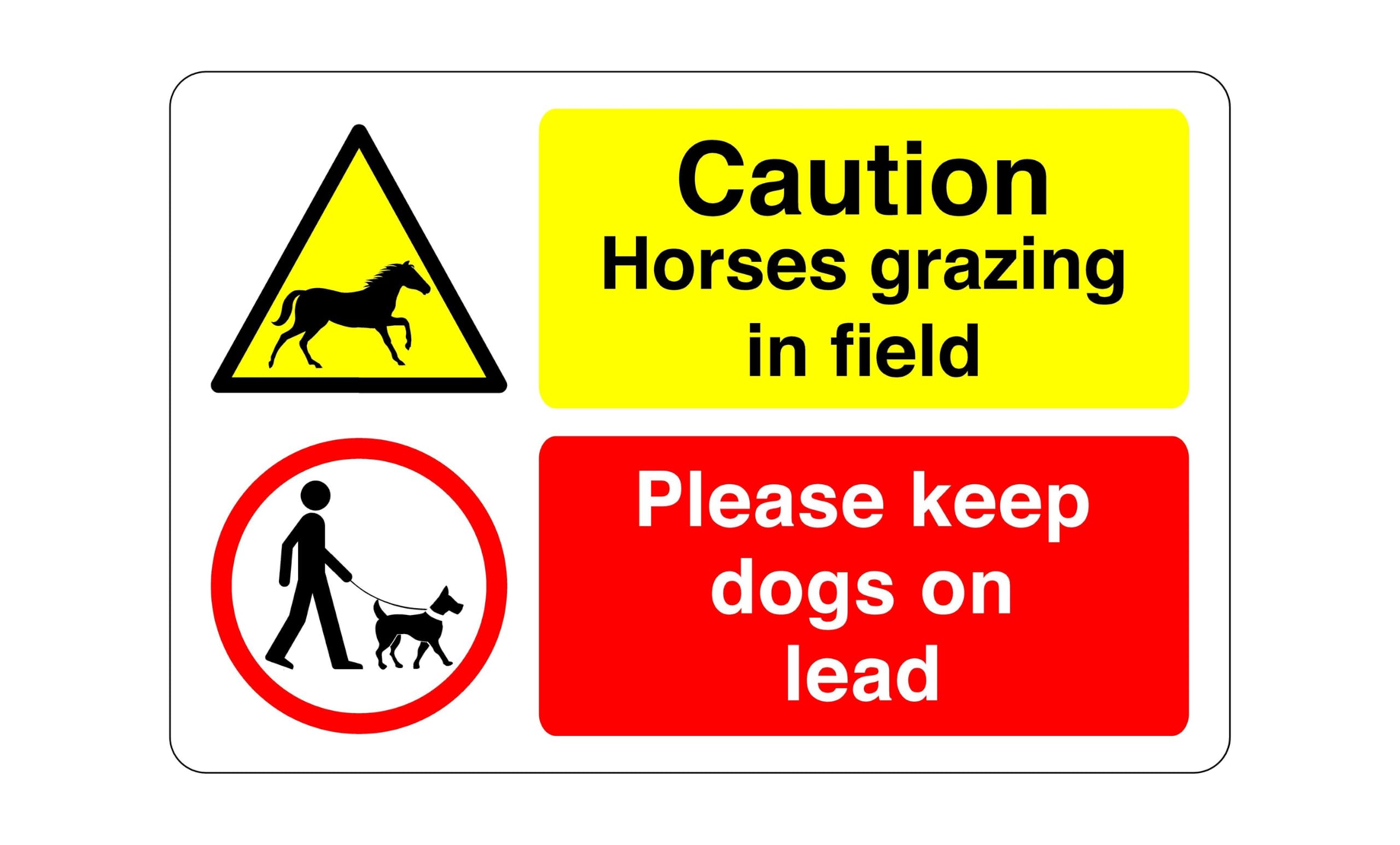 Please keep dogs on lead horse sign - High tack self-adhesive sticker (300mm x 200mm) Viewing Distance within 7m.