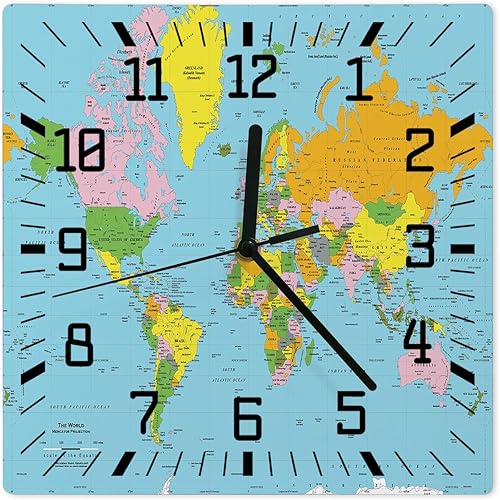 Reloj de pared silencioso sin tictac, reloj de pared cuadrado de 10 pulgadas, funciona con pilas, mapa del mundo geografía educativa reloj de pared