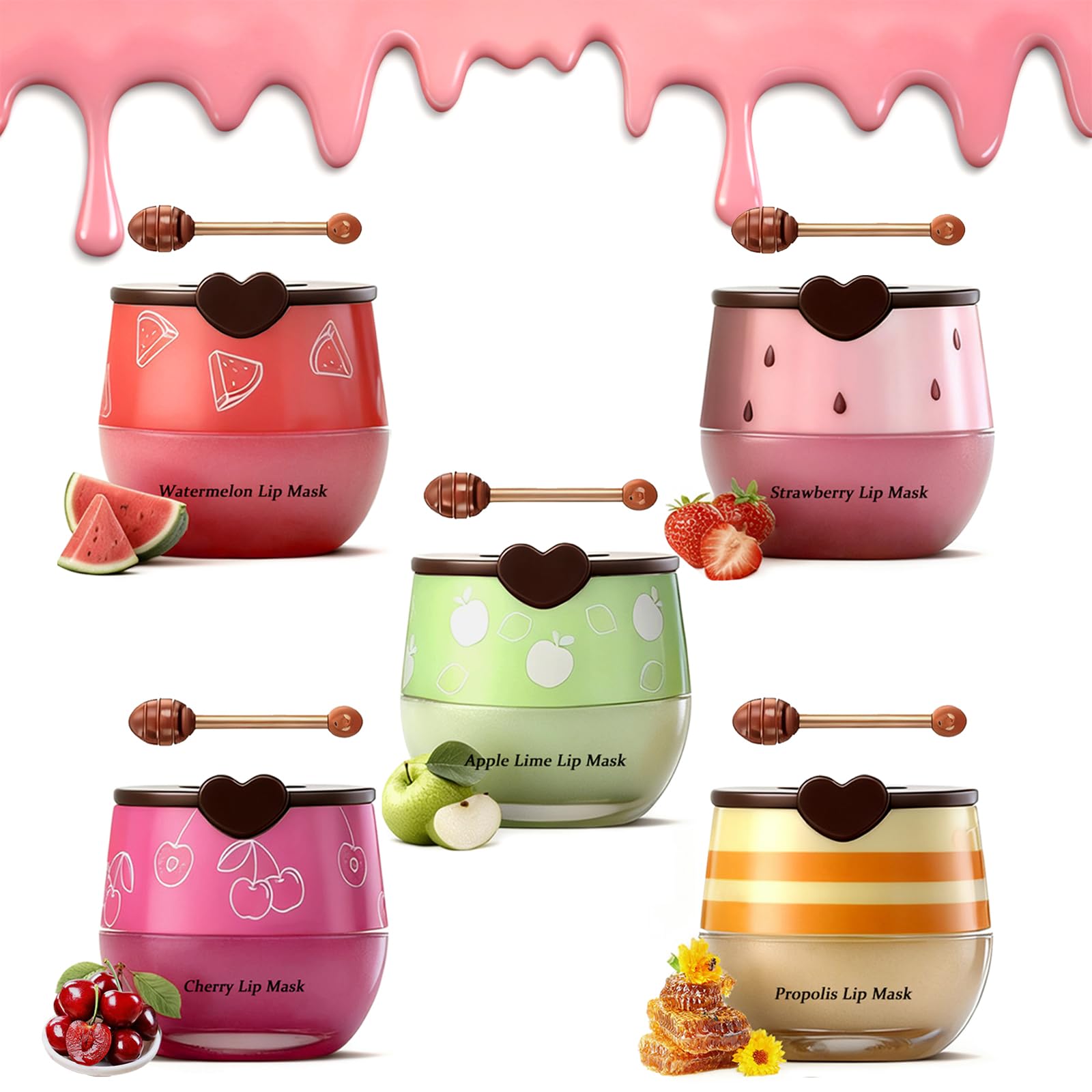 5PCS Bee Lip Balm Honey Pot，Honey&Strawberry&Watermelon&Cherry&Apple Lip Mask Overnight Propolis Moisturizing Lip Balm Hydrating Prevention Dry and Crack Lip Scrubs Exfoliator Lip Wrinkle Care