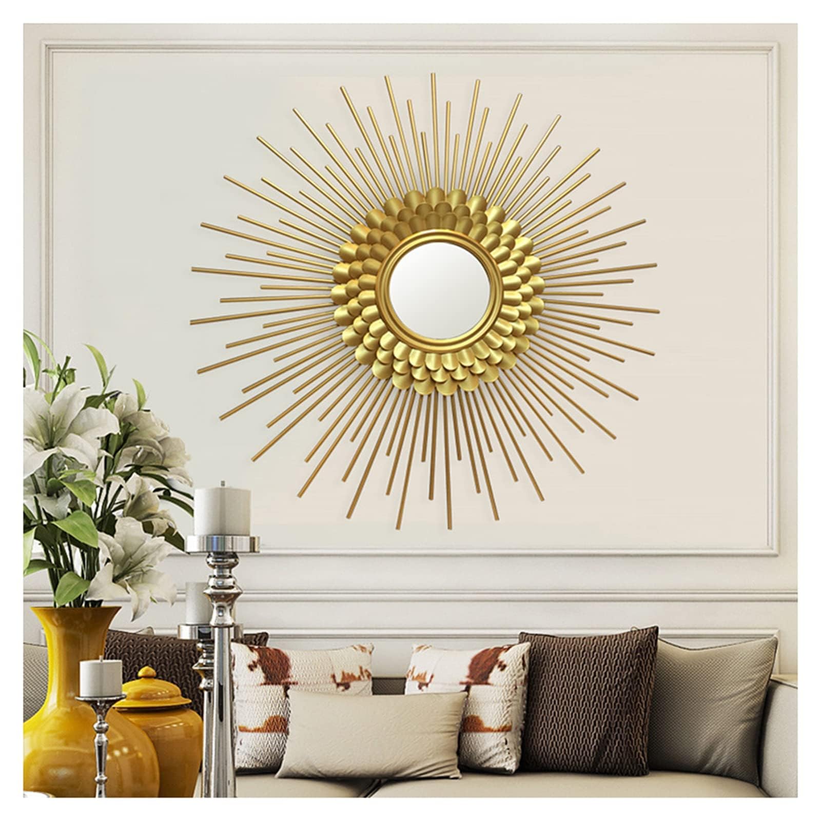 Sonnenförmiger Wandspiegel dekorativer Spiegel großer Wandmontierter runder Spiegel Golden Metall für Wohnzimmer Schlafzimmer Flur Restaurant Zubehör Accessoires,23.6in