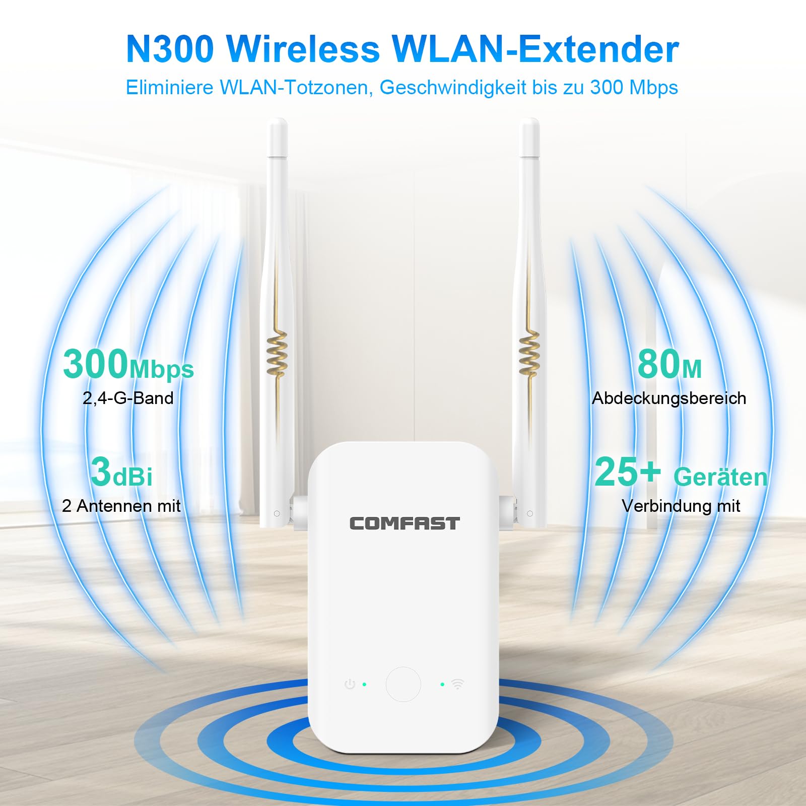COMFAST WLAN-Verstärker, WLAN Repeater 300Mbps Single Band mit 2 Antennen & WPS | Signal-LED Anzeige, Kompaktes Design & Optimierte Kühlung | Repeater-Modus für Stabiles Netzwerk Zuhause und im Büro - 4