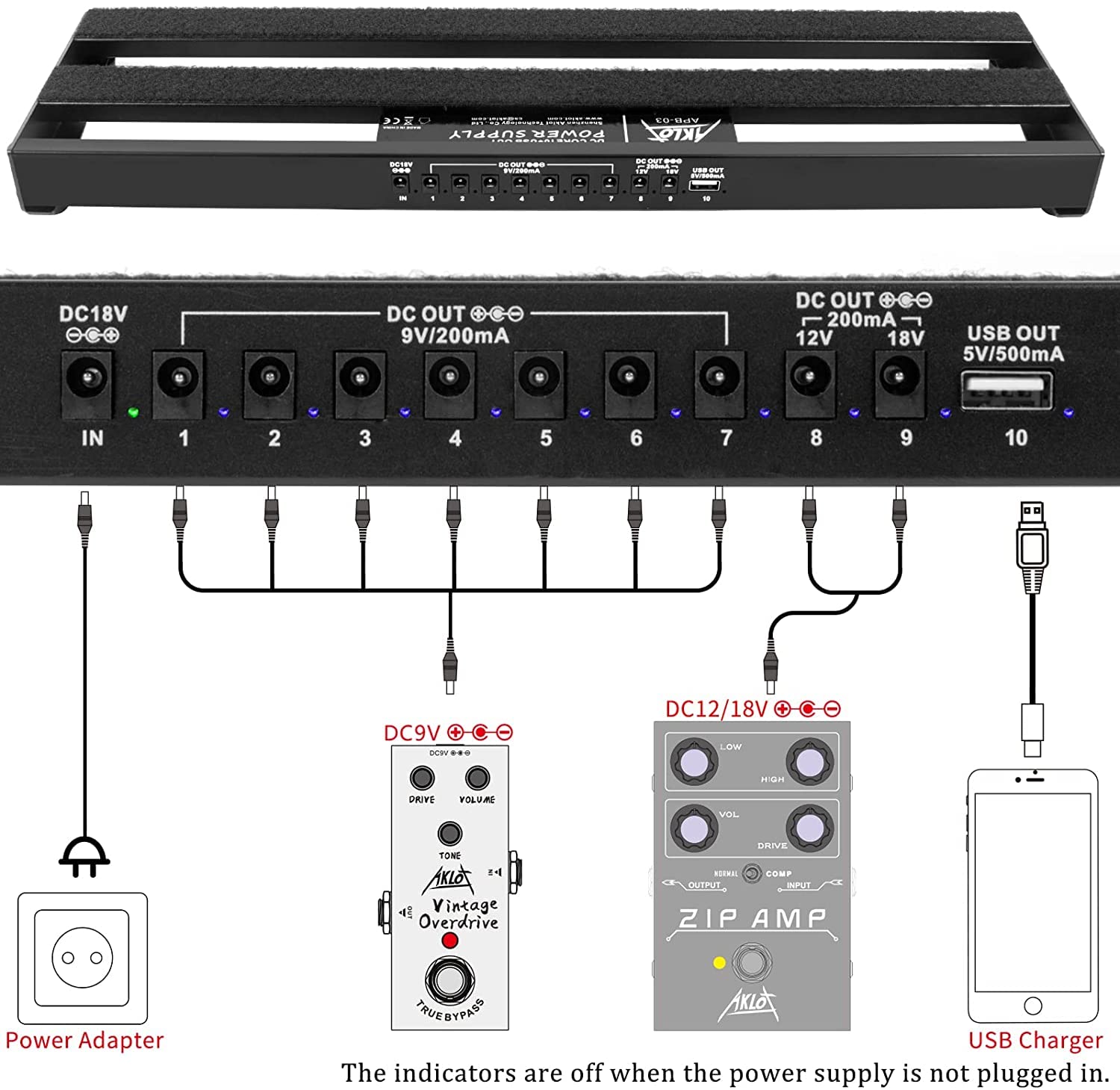 Pedalboard,AKLOT Gitarre Pedal Board mit eingebautem Netzteil Gitarren-Effektpedal Aluminiumlegierung Netzteil 48,5 x 13x 4,3cm mit Tasche Pedalkabel Klettverschluss