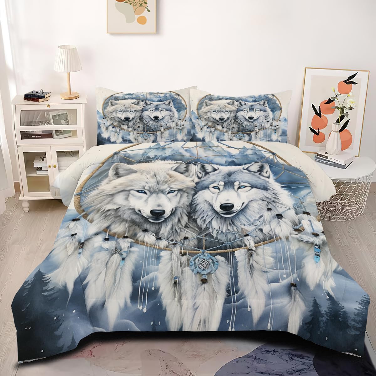 Dream Catcher Wolf Comforter Set Full Size Chic Boho Bedding Set Snow Wolves Animal Comforter for Girls Teens Kids Boys 3Pcs Soft Microfiber Down Alternative Comforter with 2 Pillowcases