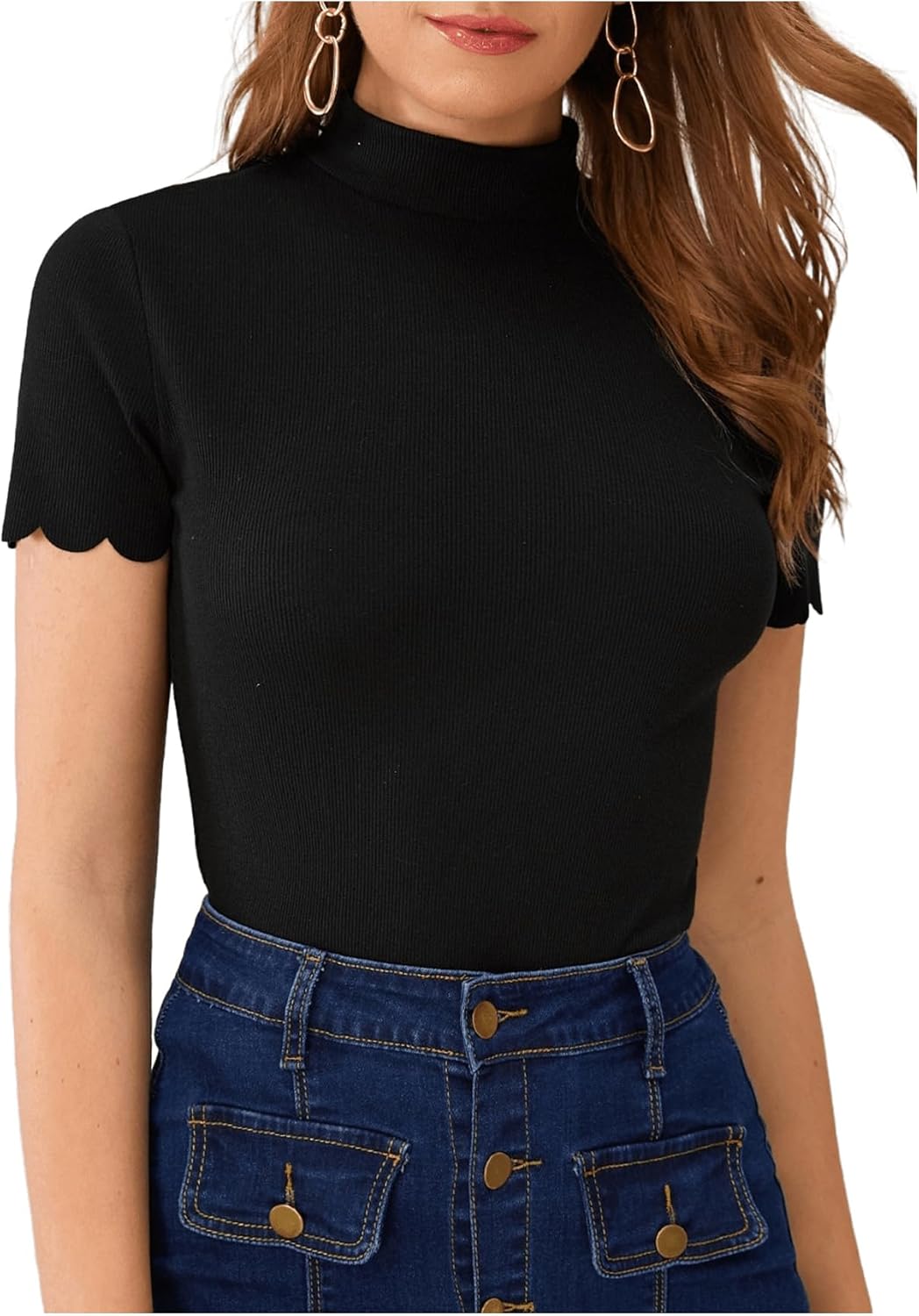 SweatyRocks Women's Mock Neck Ribbed Knit Scallop Short Sleeve T Shirt Tops