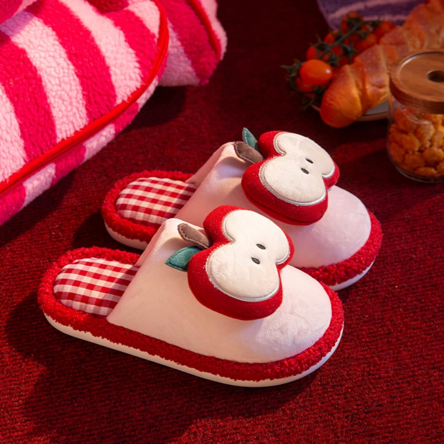 Whimsy Twee Plush Slippers for Women Fuzzy Fluffy Funky Apple Print Slippers Whimsical Aesthetic Cozy Warm Shoes - Image 4