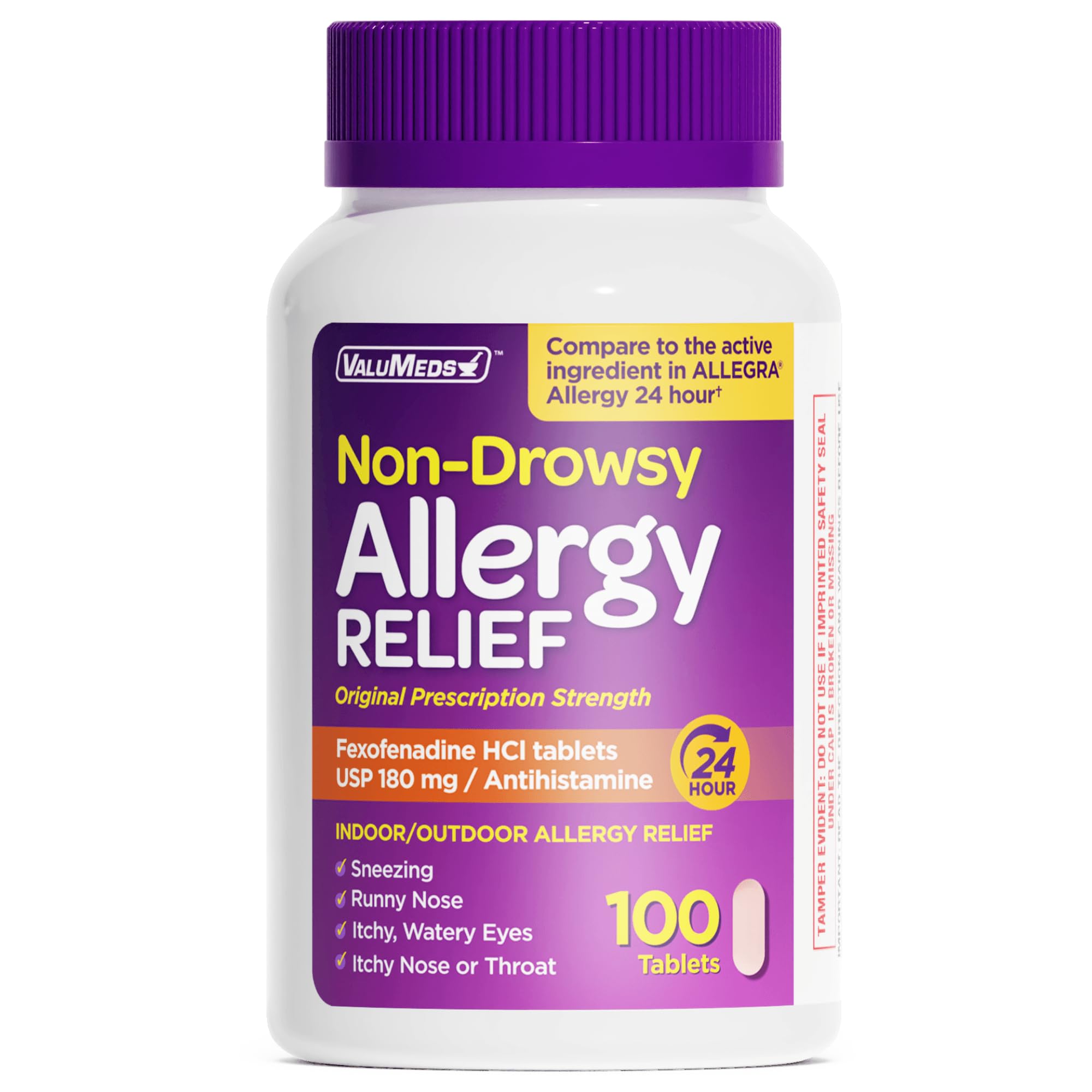 ValuMeds | Compare to Allegra | Fexofenadine HCl 180mg | 24-Hour Allergy Relief, Non-Drowsy Antihistamine Generic Medicine for Allergies, Hay Fever, Itchy Eyes | for Kids & Adults (100 Count)