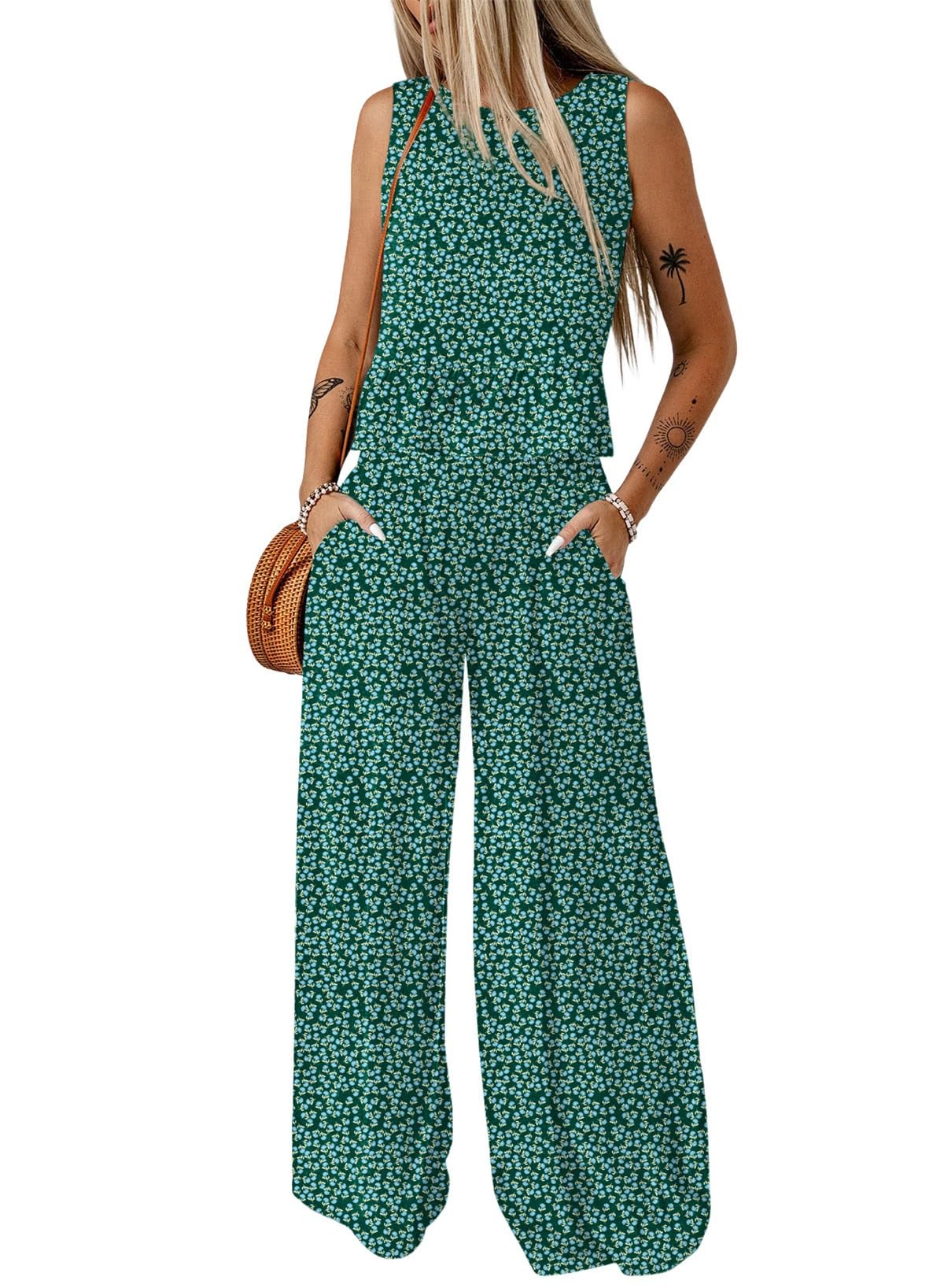 Dokotoo Womens 2 Piece Outfits Tank Tops Elastic Waist Wide Leg Pants Sets