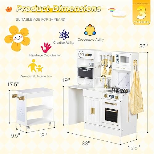 Miniatura 7 de Cocina de juego para niños con carrito extraíble, juego de cocina de madera para niños pequeños con horno, estufa, fregadero, cafetera, juego de