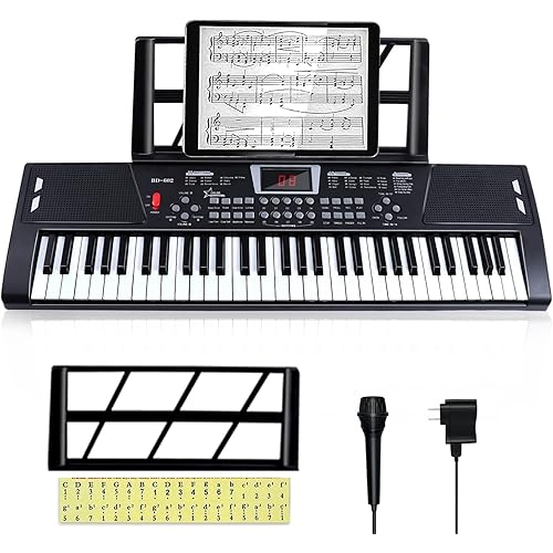 61 key piano keyboard - Electric Keyboard Piano with Microphone, Music Stand, Built-In Speakers - Portable Digital Piano for Beginners, Ideal Gift & Learning