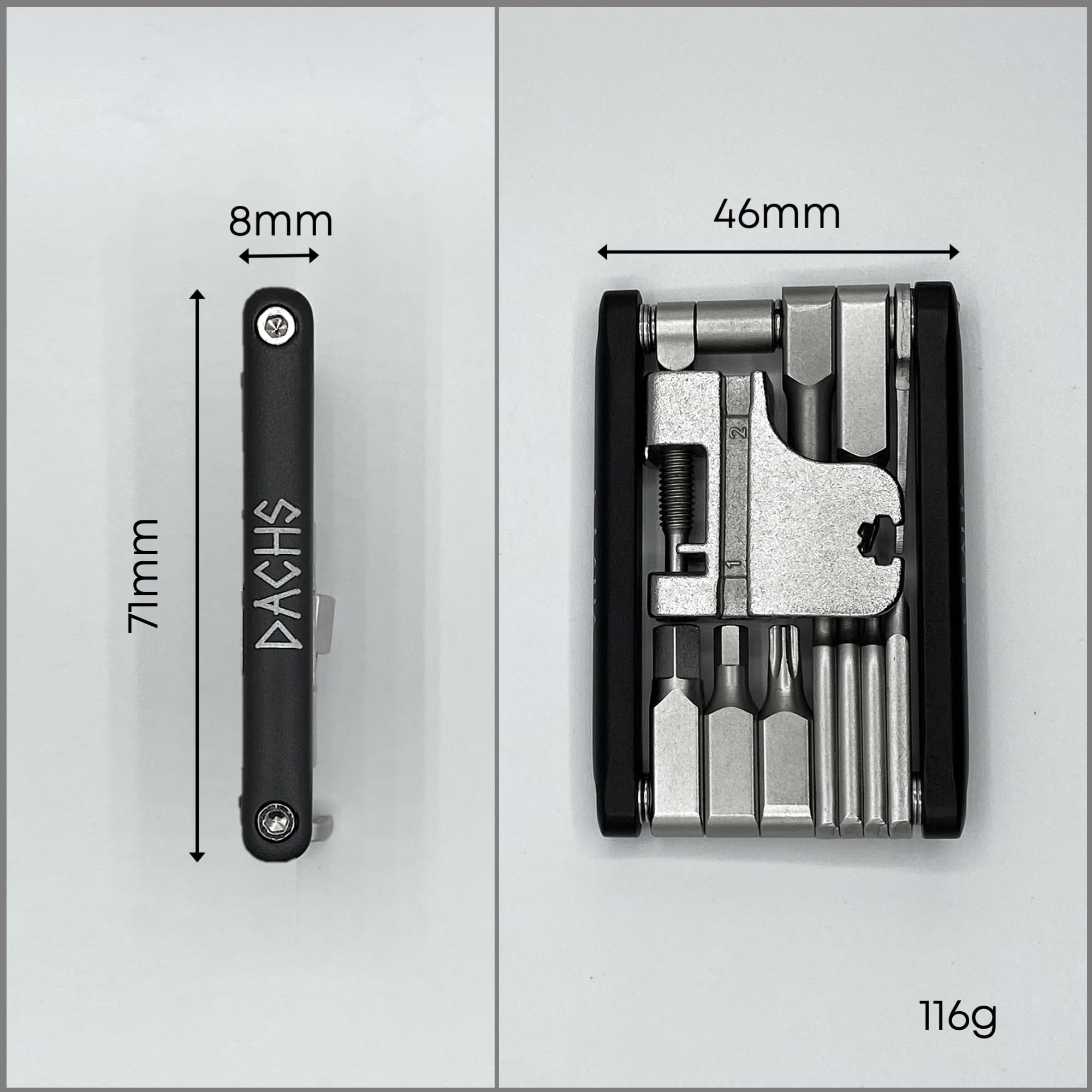 DACHS Rennrad Multitool mit 18 Funktionen - 18-in-1 Premuim Fahrradwerkzeug – Mini Multitool für Rennrad - 71x46x8mm, 116g
