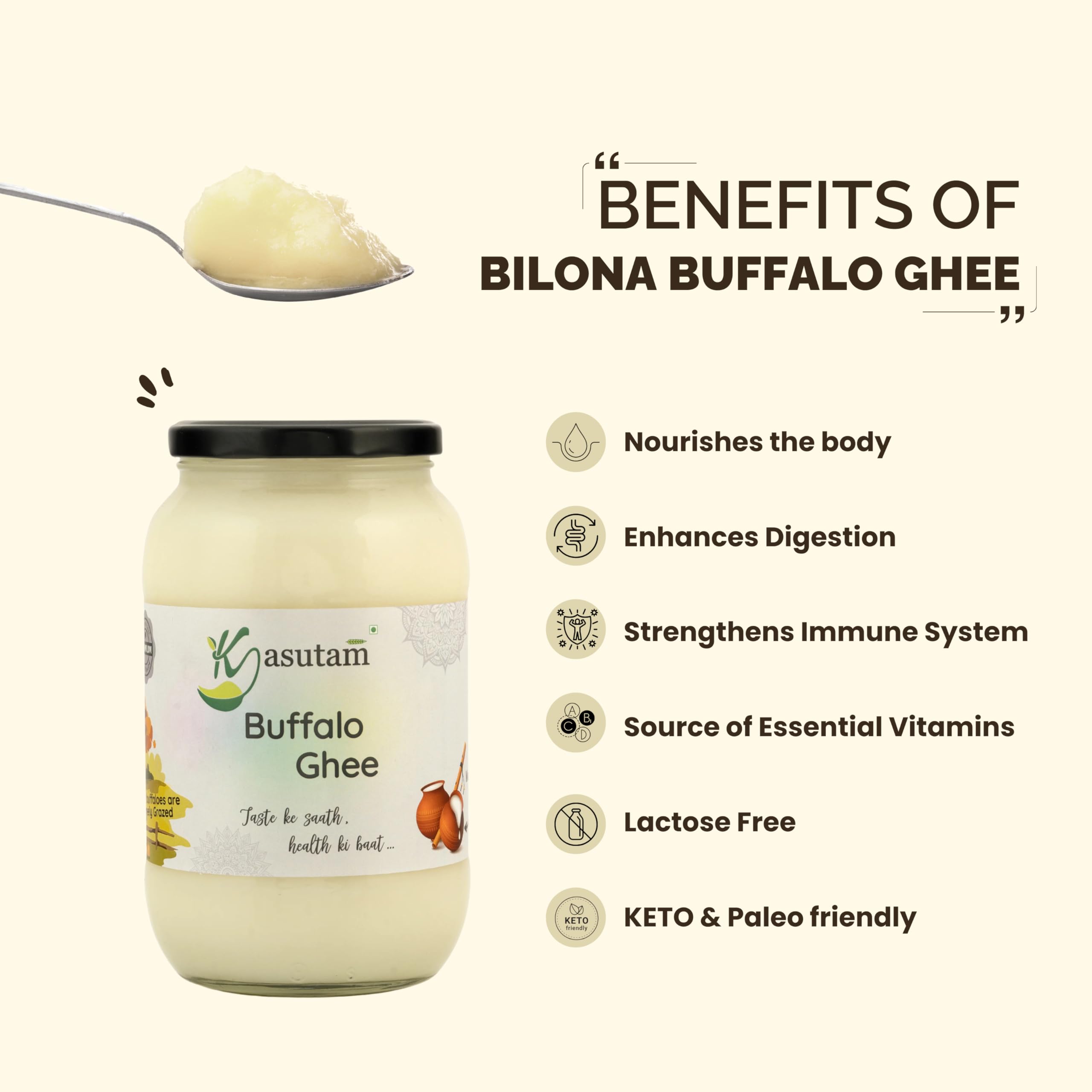Kasutam A2 Desi Buffalo Bilona Ghee, hergestellt nach traditioneller vedischer Bilona-Methode, hergestellt im Erdtopf und handgebrühtem Grasfutter, Büffelghee, Immunitätsverstärker-Glas, 1000 ml