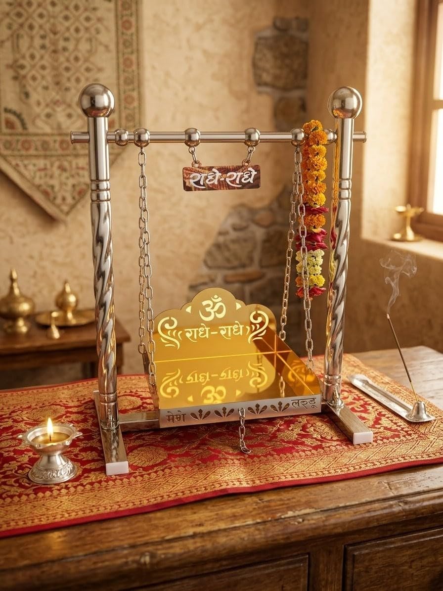 Premium Stainless Steel Krishna Jhula for Laddu Gopal | Silver & Gold Finish Decorative Palna with Radhe Radhe Engraving | Thakur Ji Swing for Home Mandir, Janmashtami & Pooja (33*28*18.5 Cm)-image-42