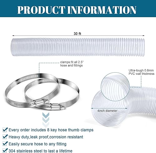 Miniatura 8 de Manguera de recogida de polvo de PVC de 30 pies con abrazaderas de manguera de acero inoxidable, manguera de vacío transparente flexible resistente