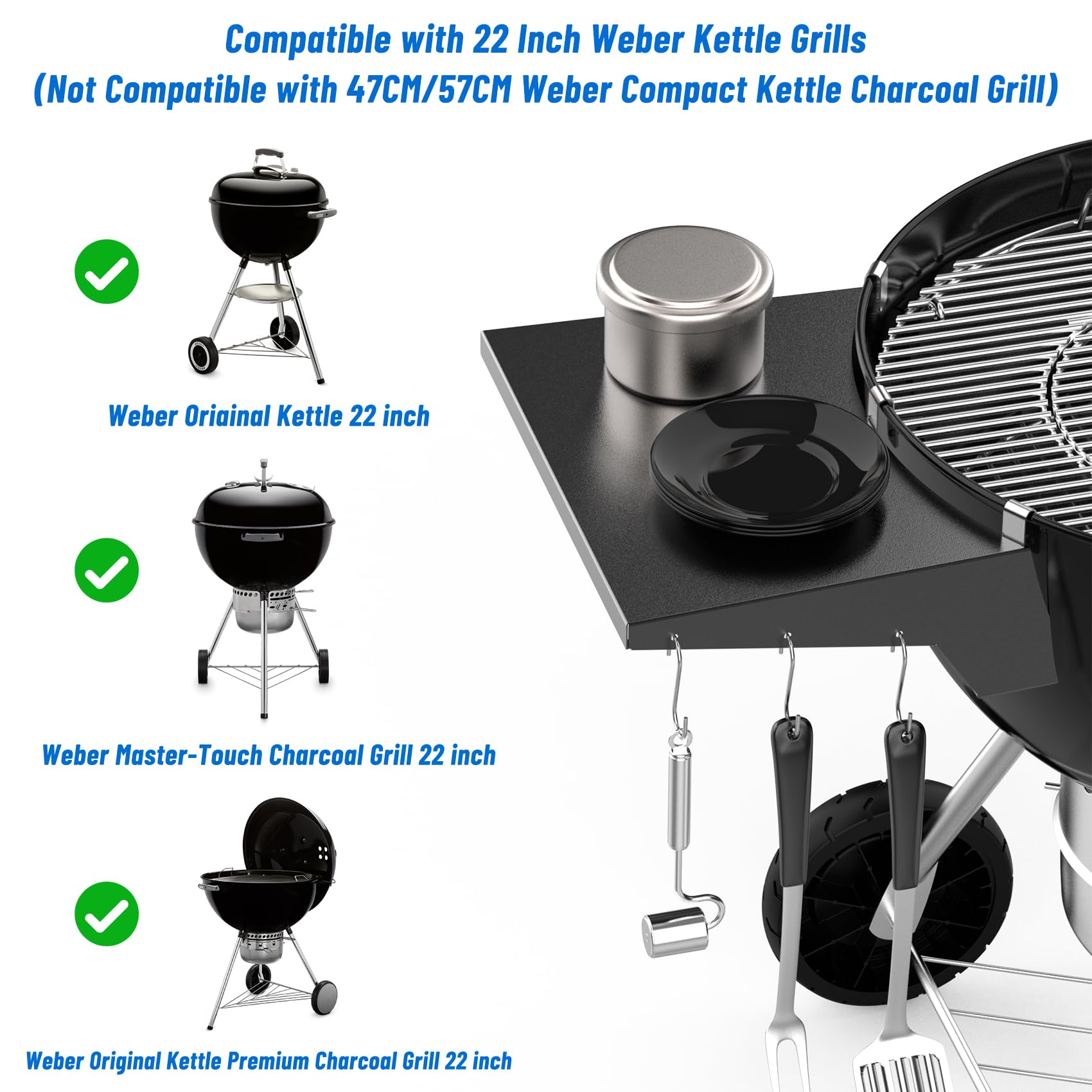 Charkettle - Estante de mesa para parrilla compatible con parrillas Weber de 22 pulgadas, parrilla de carbón para exteriores, accesorios de barbacoa con ganchos 3