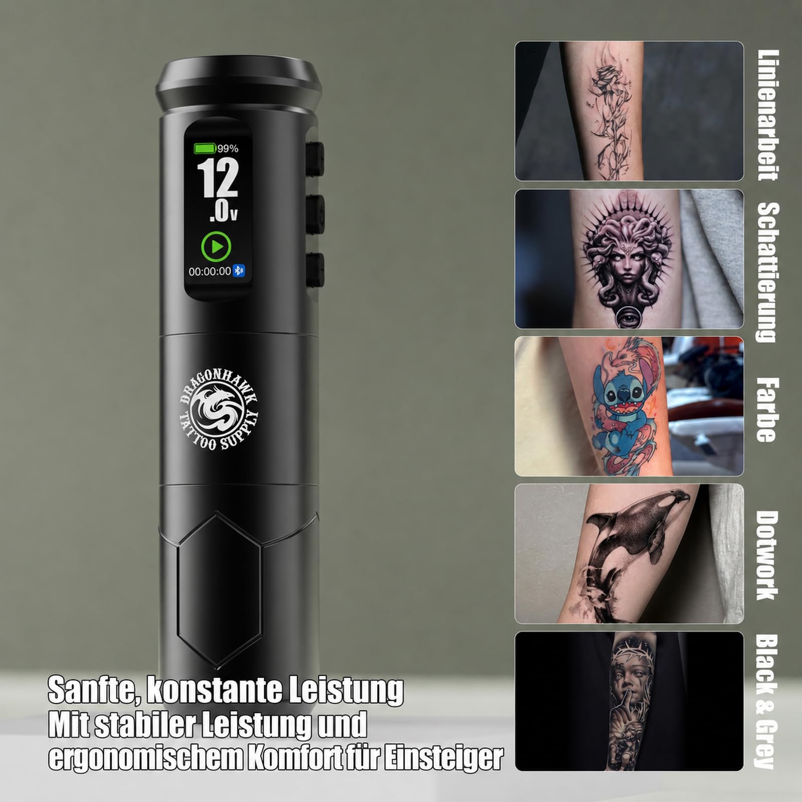 Dragonhawk A1 Pro Tattoo Maschine Set, 4,0 mm Hublänge,2000mAh Akku | Kabellose Tätowiermaschine,2000mAh Akku,20 Nadeln Für Linien & Schattierung auf Übungshaut Ideal für Anfänger