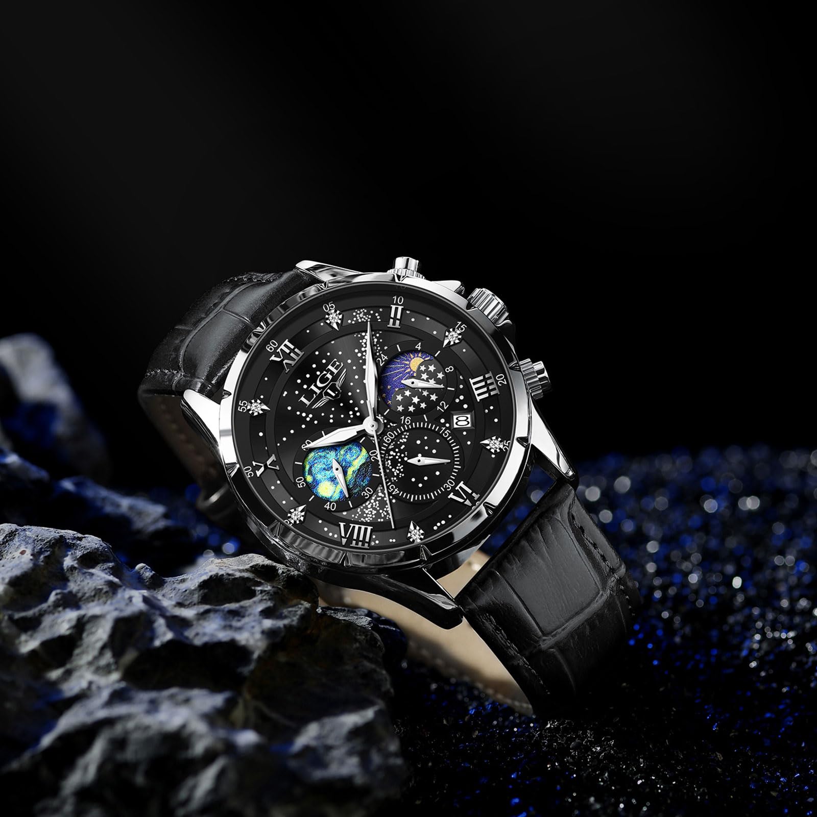 LIGE Orologio da uomo, cronografo, in acciaio inox, impermeabile, analogico, fase lunare, design al quarzo, nero, cinturino in pelle, da uomo, con data, luminoso, business, casual, per uomini, colore: