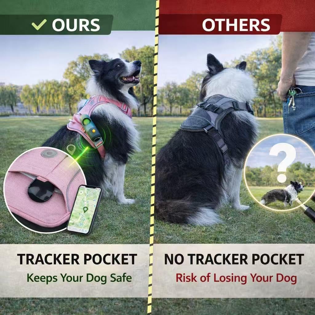 PawWave No Pull Dog Harness with Built-in Hidden AirTag & GPS Tracker Holder, Reflective Adjustable Escape-Proof Vest Harness for Small & Medium Dogs (Pink, S)