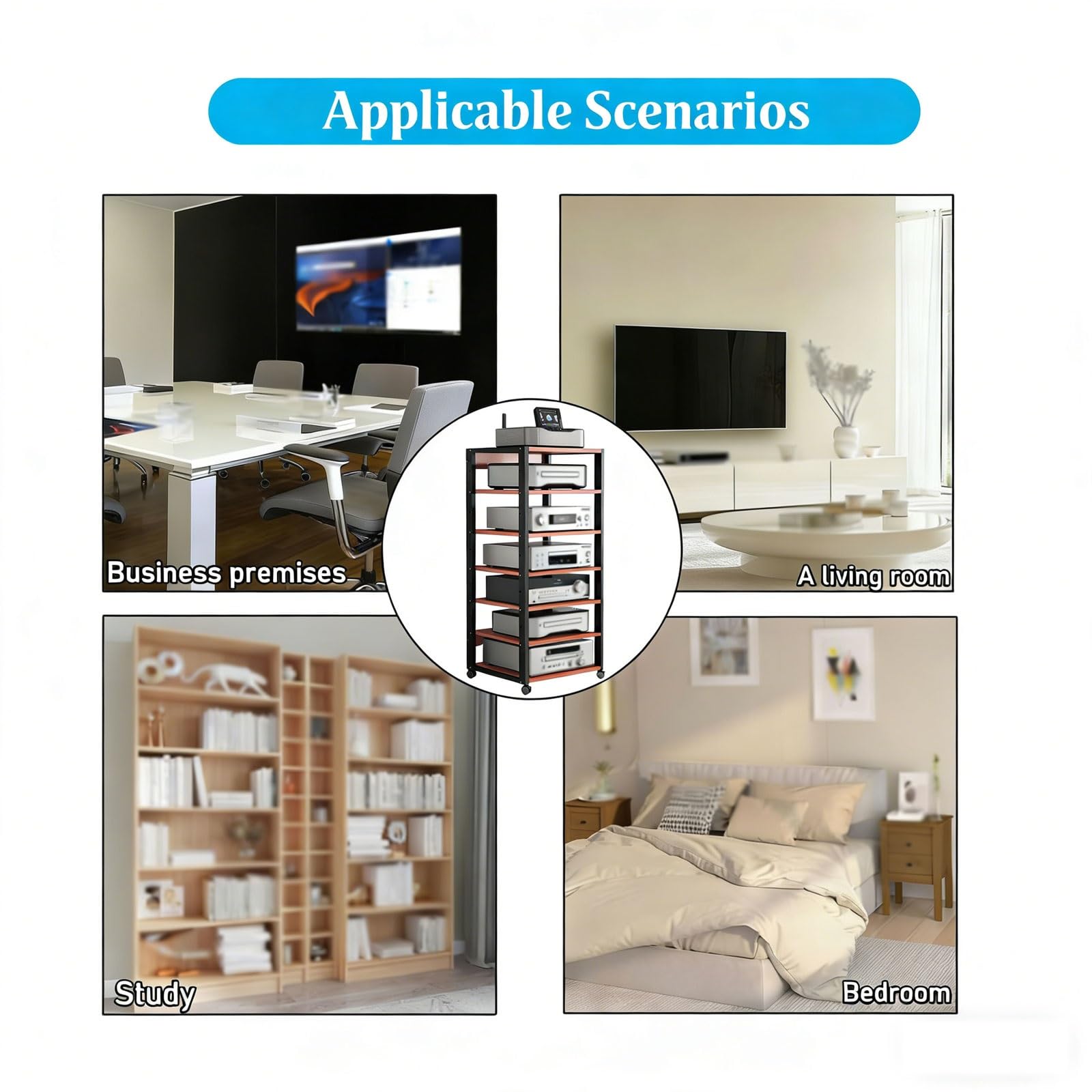 7 Ripiani Mobiletto Hi-Fi Multifunzione A, Av Tower Media Stand Supporto Con Ruote Universali Regolabile Mobiletto Portaoggetti for Casa/ufficio/teatro(Nero)