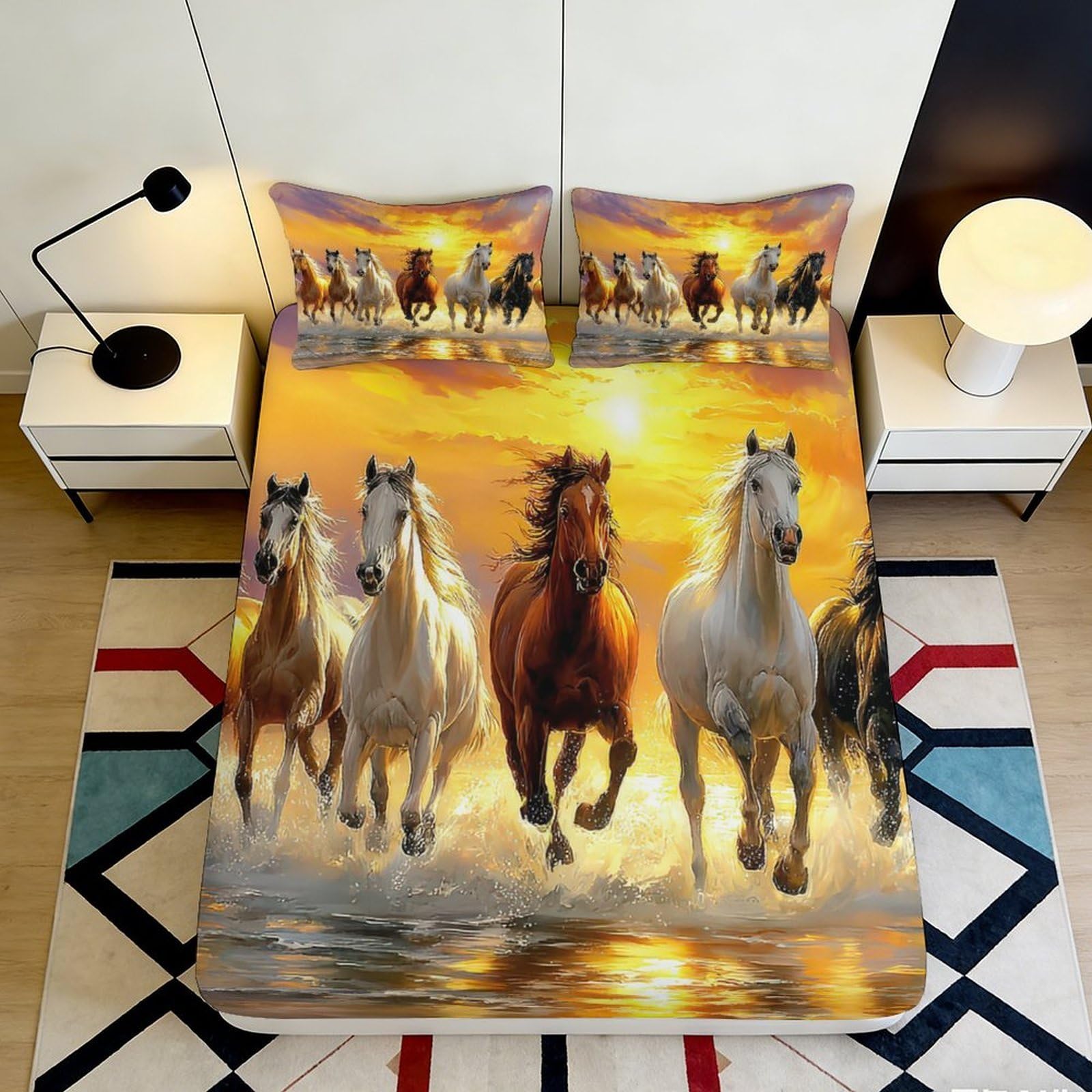 3D Printed Running Horses Fitted Sheet Microfiber Soft Breathable Sunset Landscape Bed Cover for Bedroom Dormitory Guest Room Mattress Protection Decor 140x200x25cm